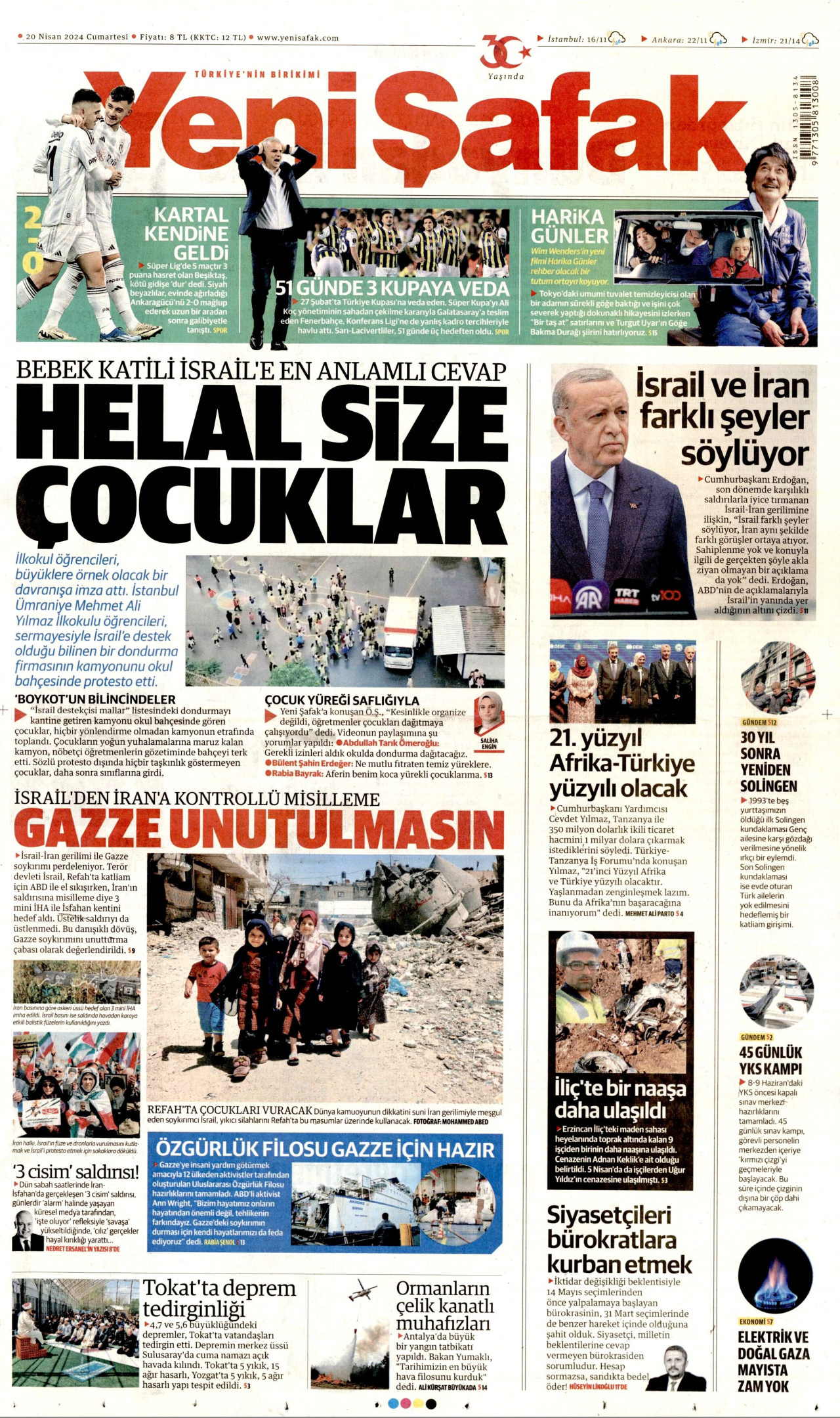 YENİ ŞAFAK gazetesinin 20 Nisan 2024 tarihli birinci sayfası