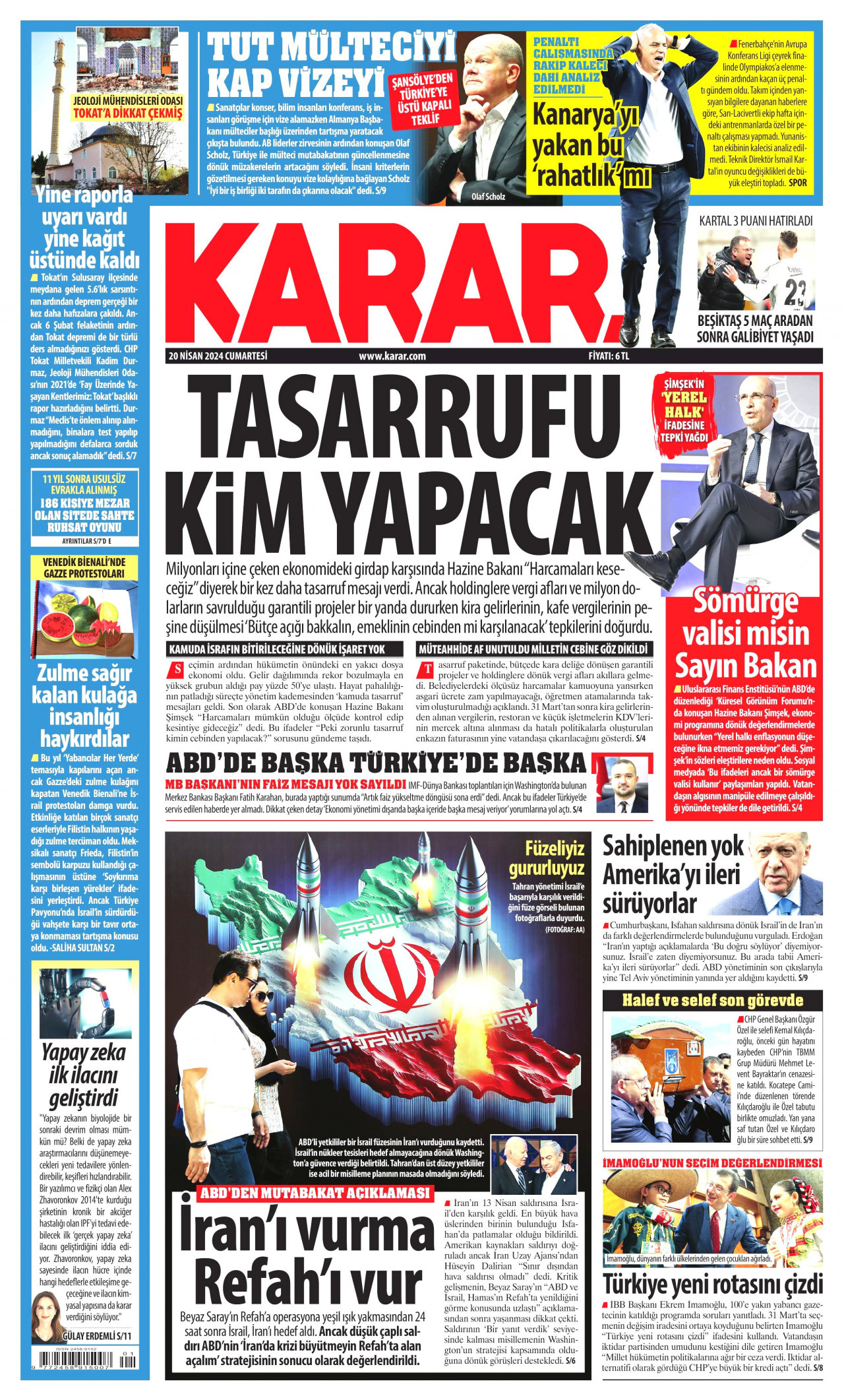 KARAR gazetesinin 20 Nisan 2024 tarihli birinci sayfası