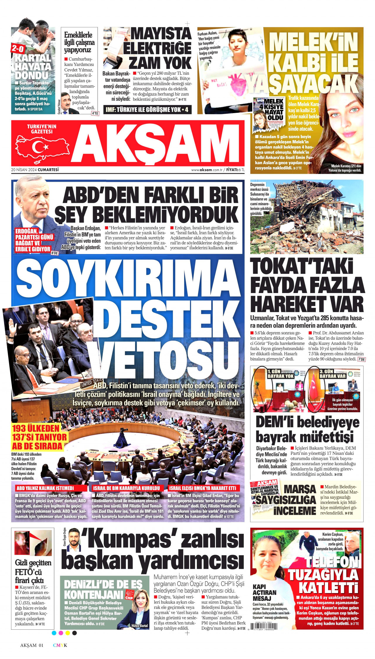 AKŞAM gazetesinin 20 Nisan 2024 tarihli birinci sayfası