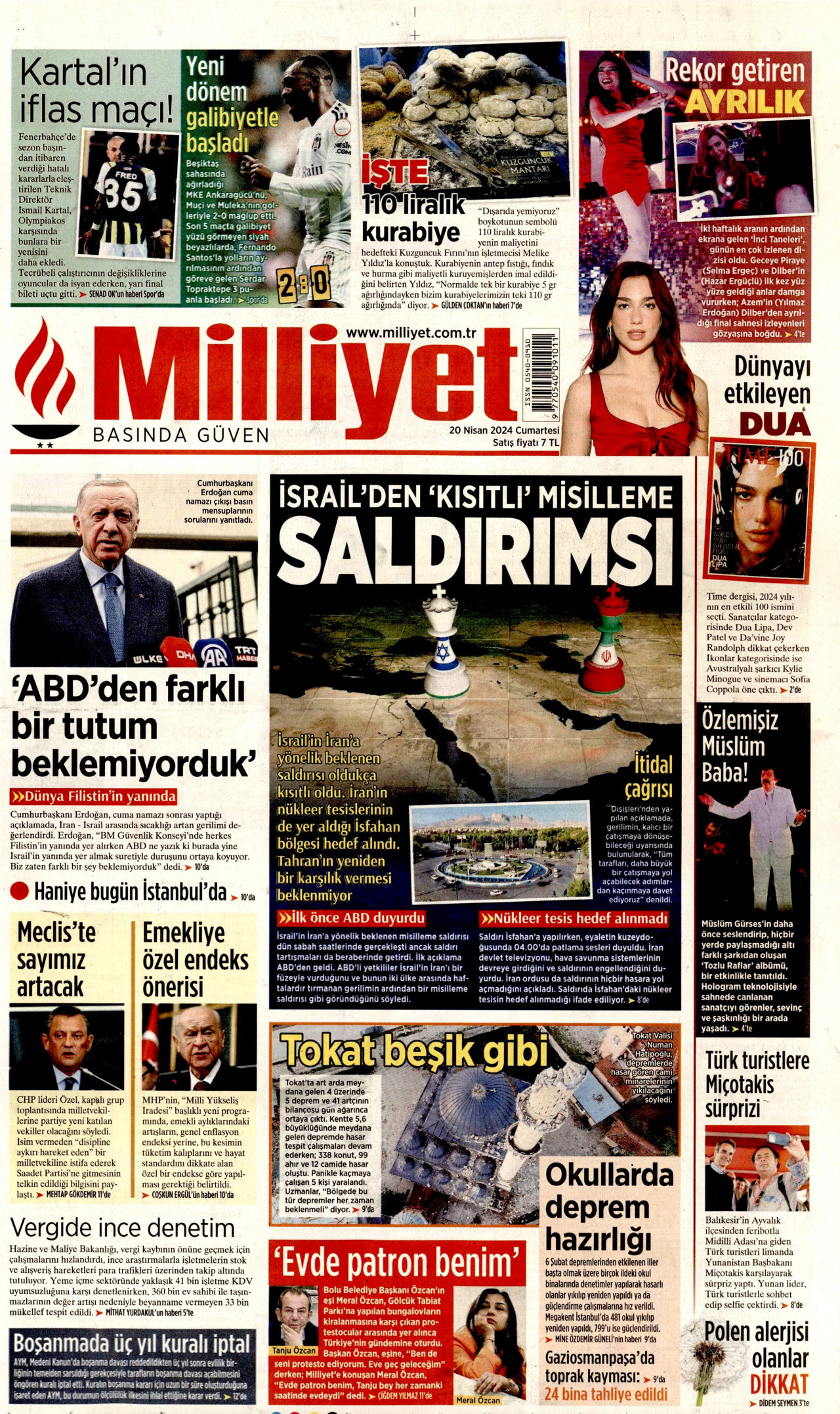MİLLİYET gazetesinin 20 Nisan 2024 tarihli birinci sayfası