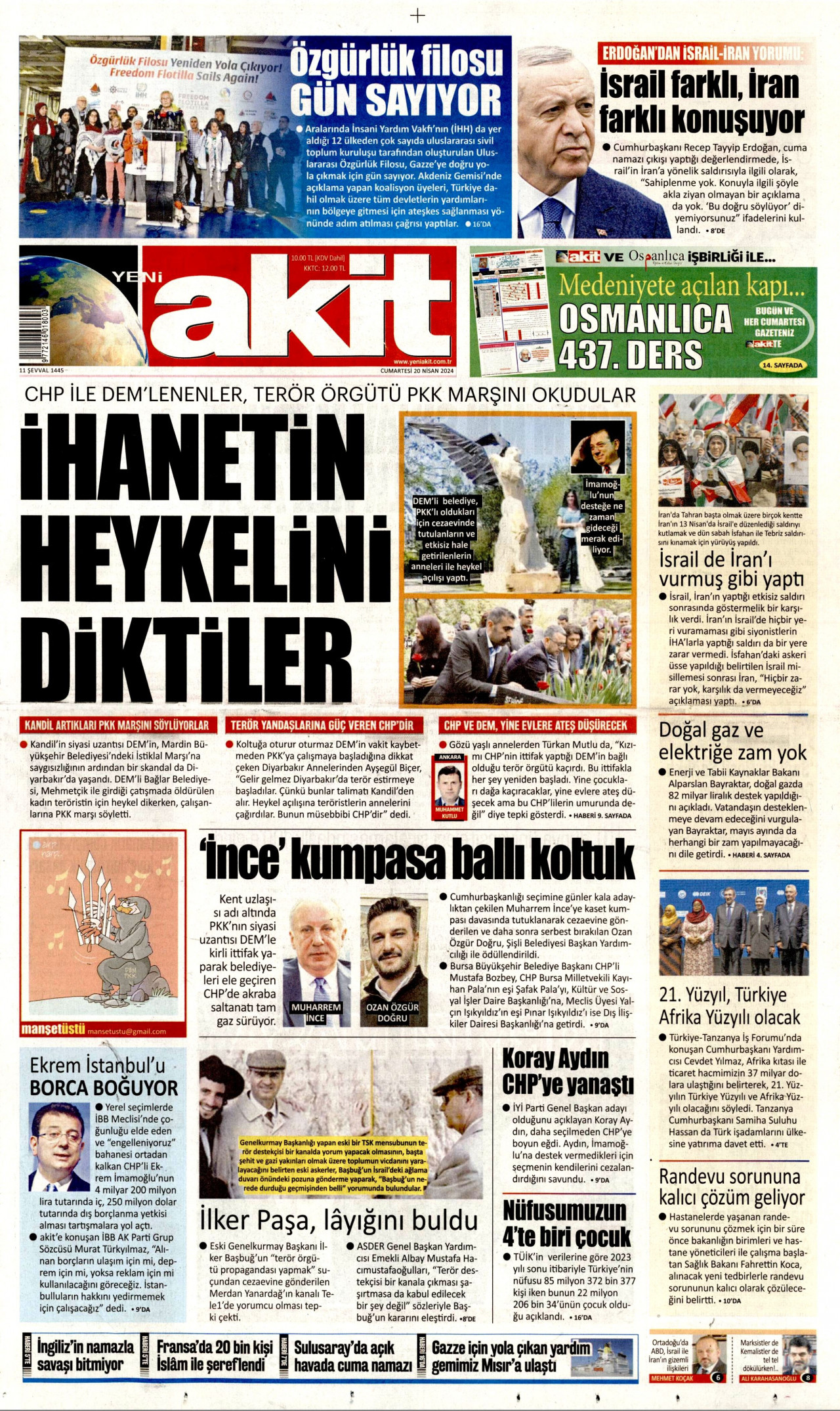 YENİ AKİT gazetesinin 20 Nisan 2024 tarihli birinci sayfası
