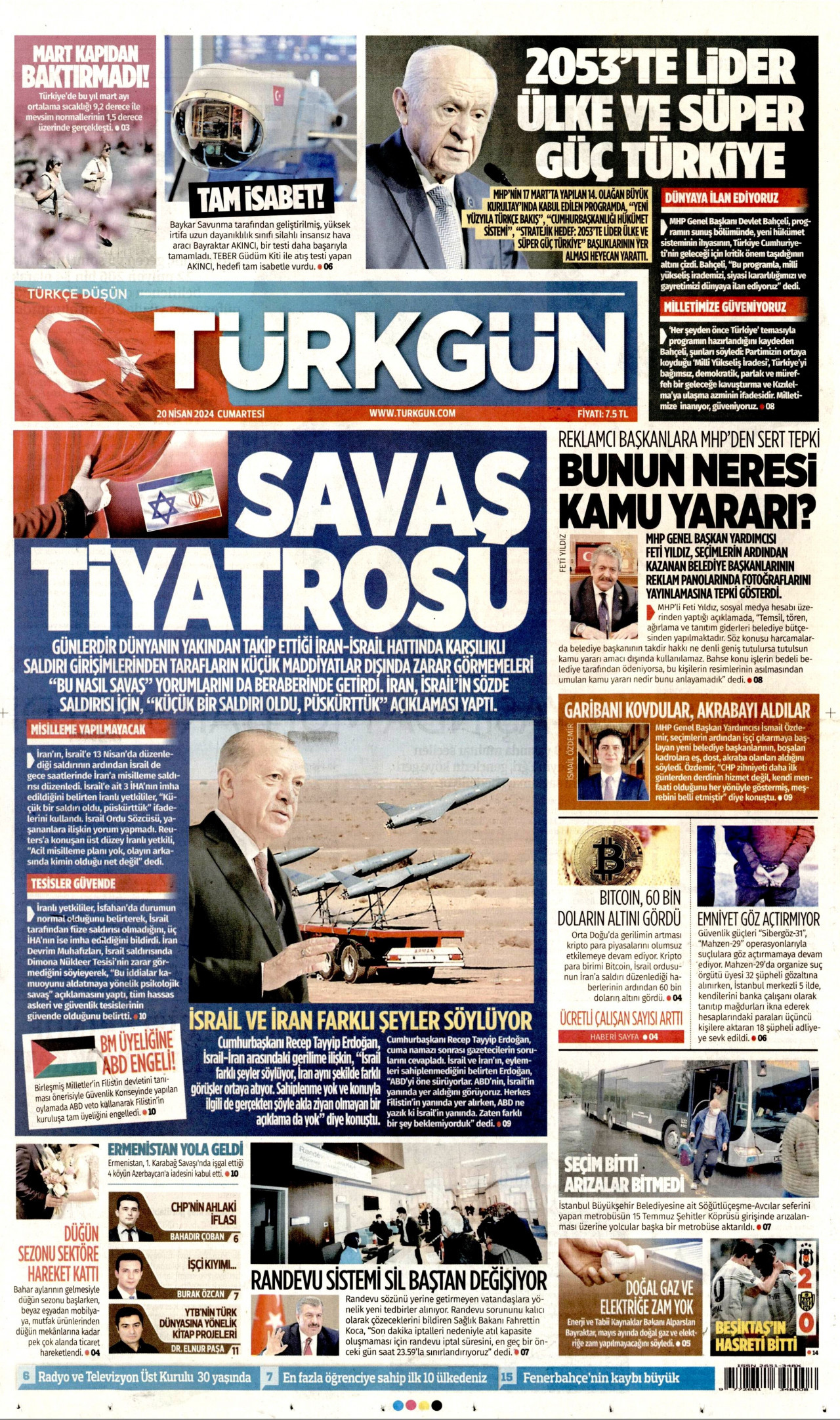 TÜRKGÜN gazetesinin 20 Nisan 2024 tarihli birinci sayfası