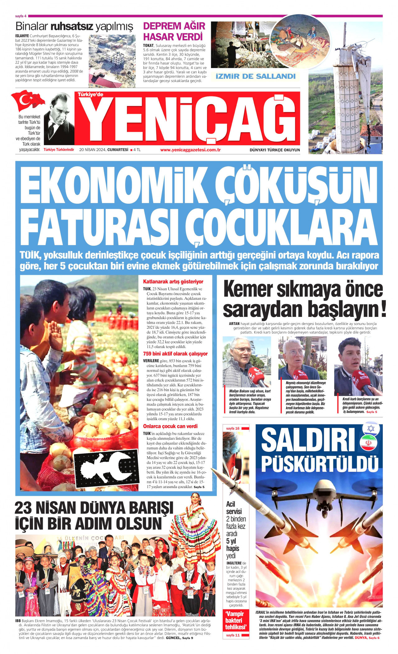 YENİÇAĞ gazetesinin 20 Nisan 2024 tarihli birinci sayfası