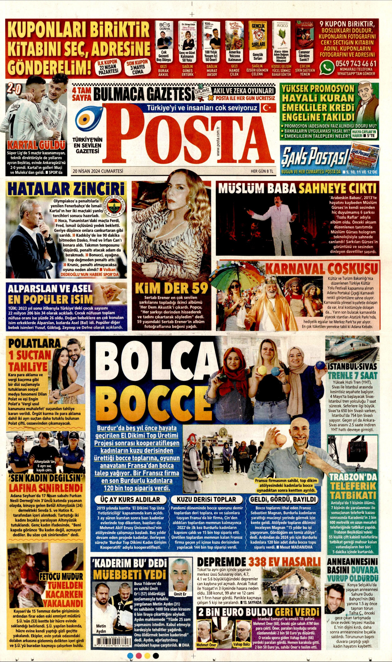 POSTA gazetesinin 20 Nisan 2024 tarihli birinci sayfası