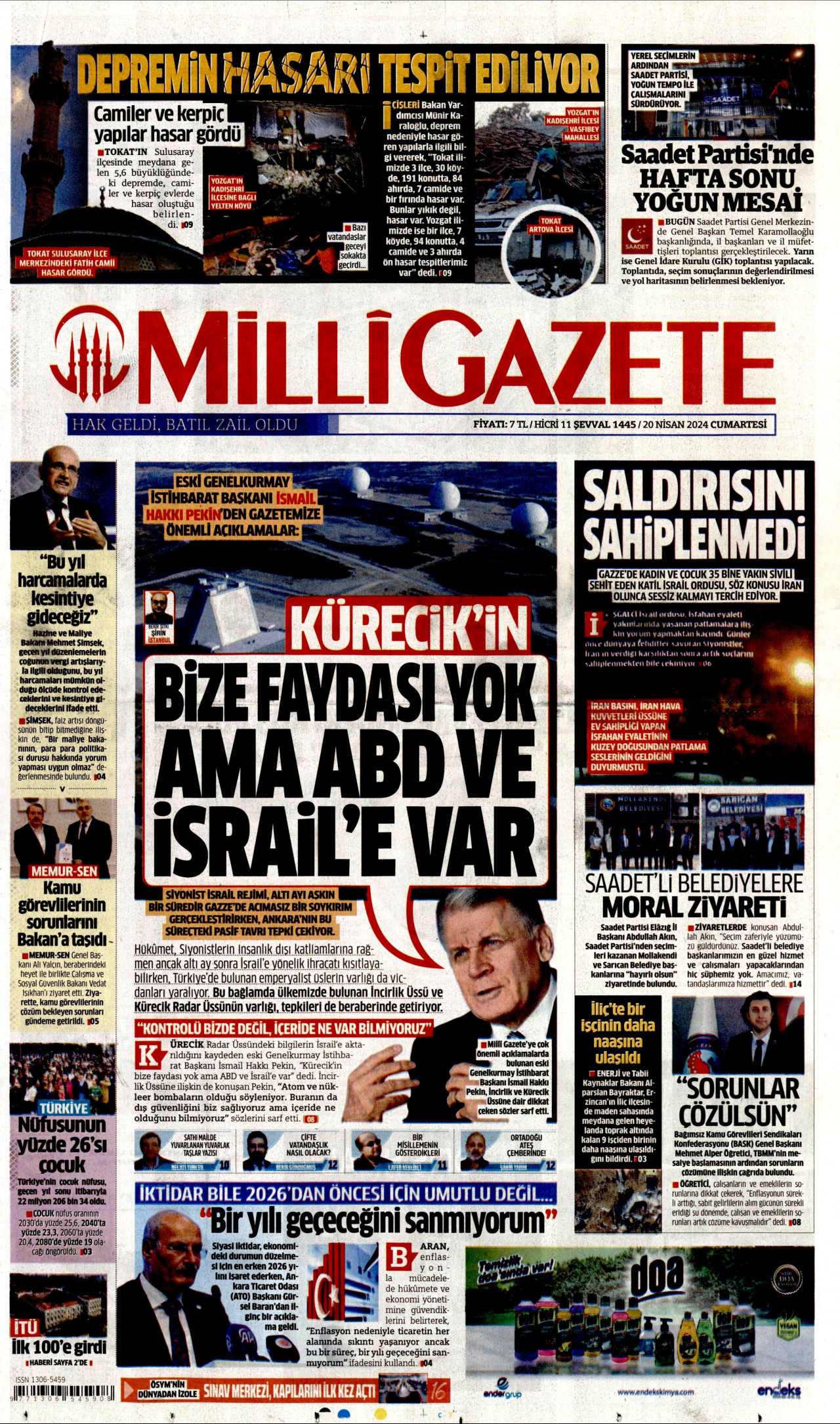 MİLLİ GAZETE gazetesinin 20 Nisan 2024 tarihli birinci sayfası