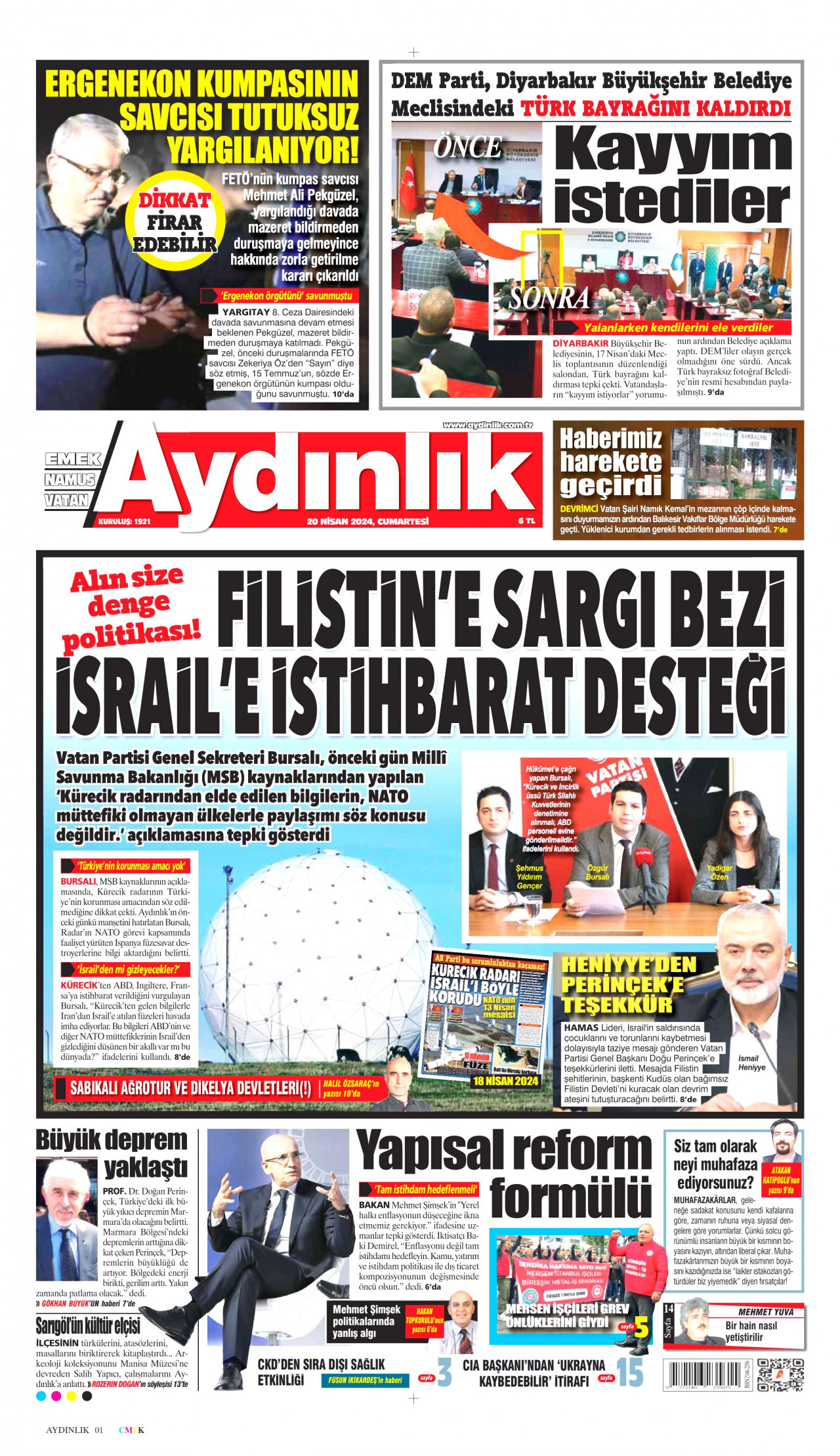 AYDINLIK GAZETESİ gazetesinin 20 Nisan 2024 tarihli birinci sayfası