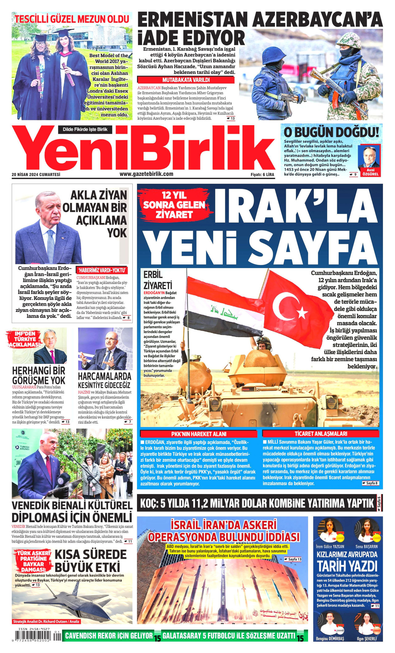 YENİBİRLİK gazetesinin 20 Nisan 2024 tarihli birinci sayfası
