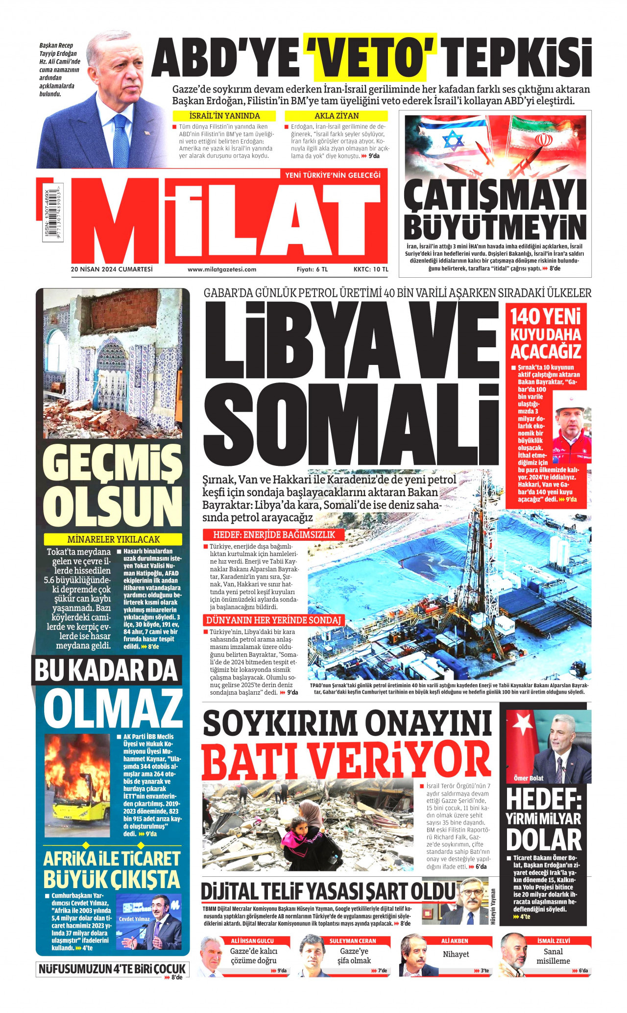 MİLAT gazetesinin 20 Nisan 2024 tarihli birinci sayfası