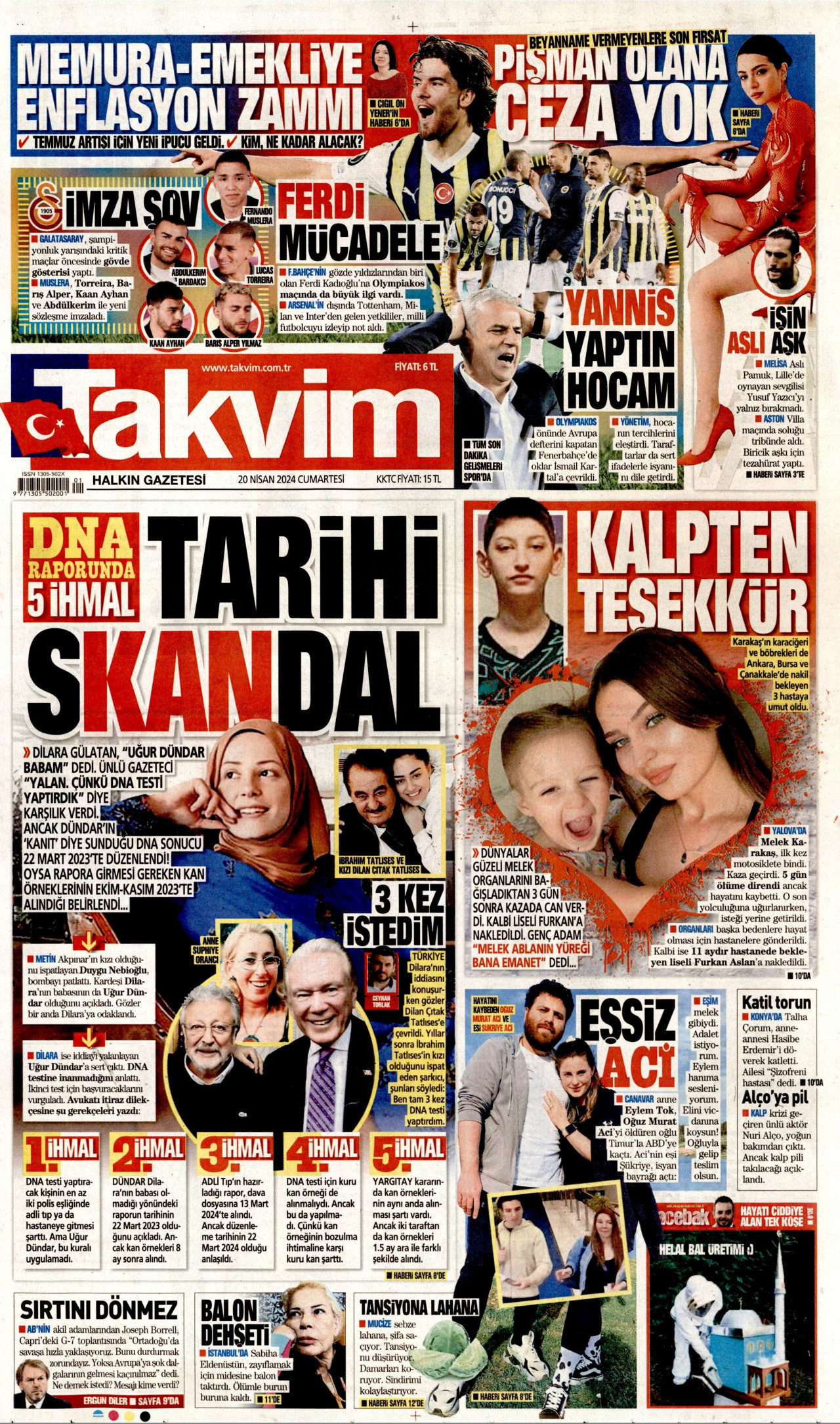 TAKVİM gazetesinin 20 Nisan 2024 tarihli birinci sayfası