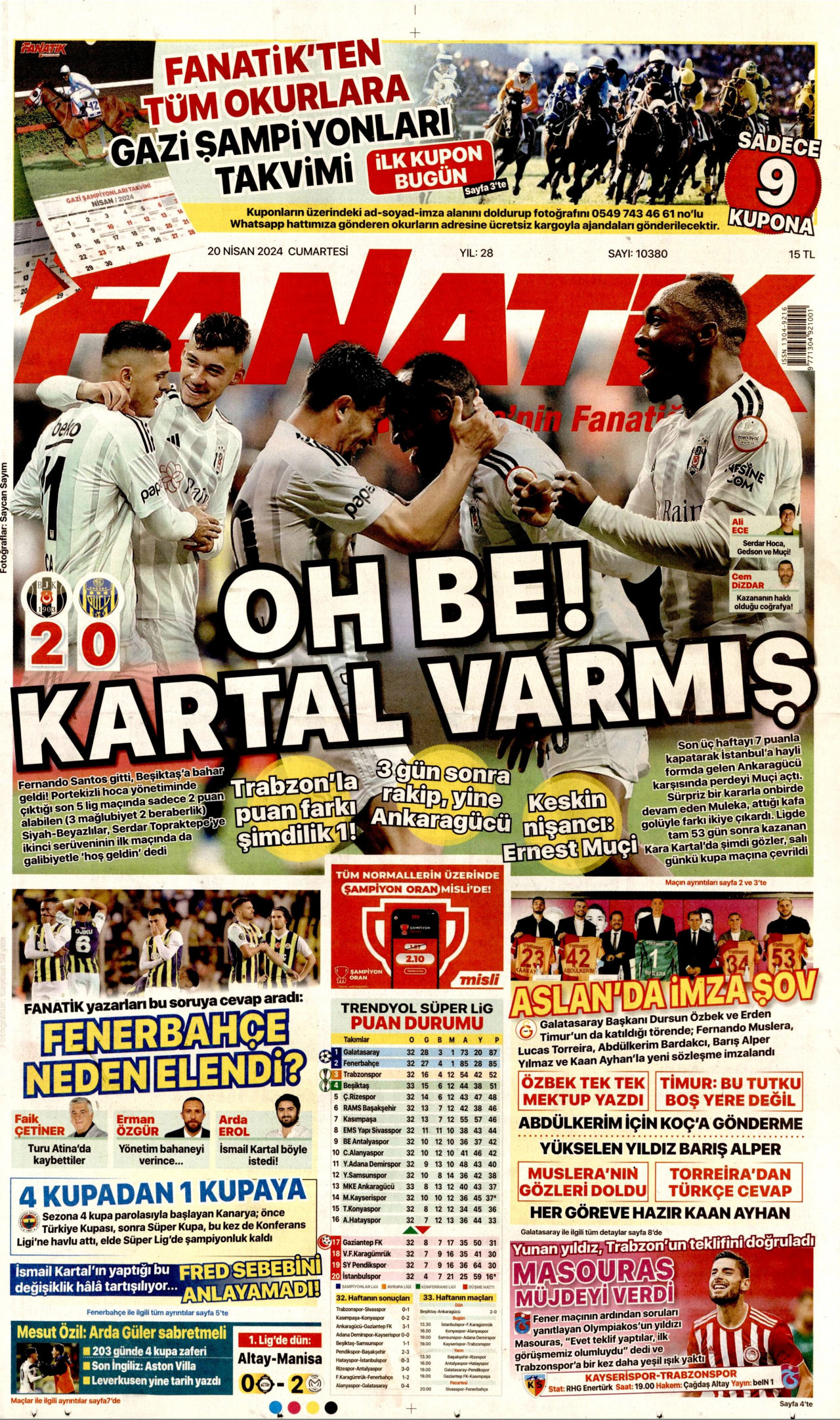 FANATİK gazetesinin 20 Nisan 2024 tarihli birinci sayfası