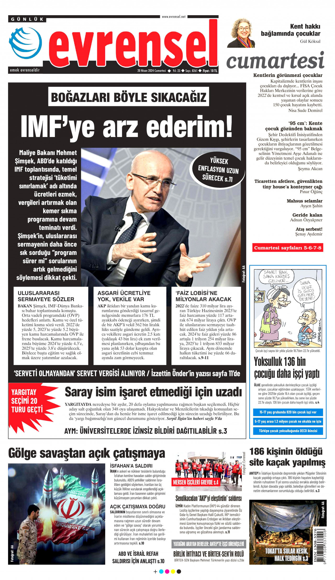 EVRENSEL gazetesinin 20 Nisan 2024 tarihli birinci sayfası