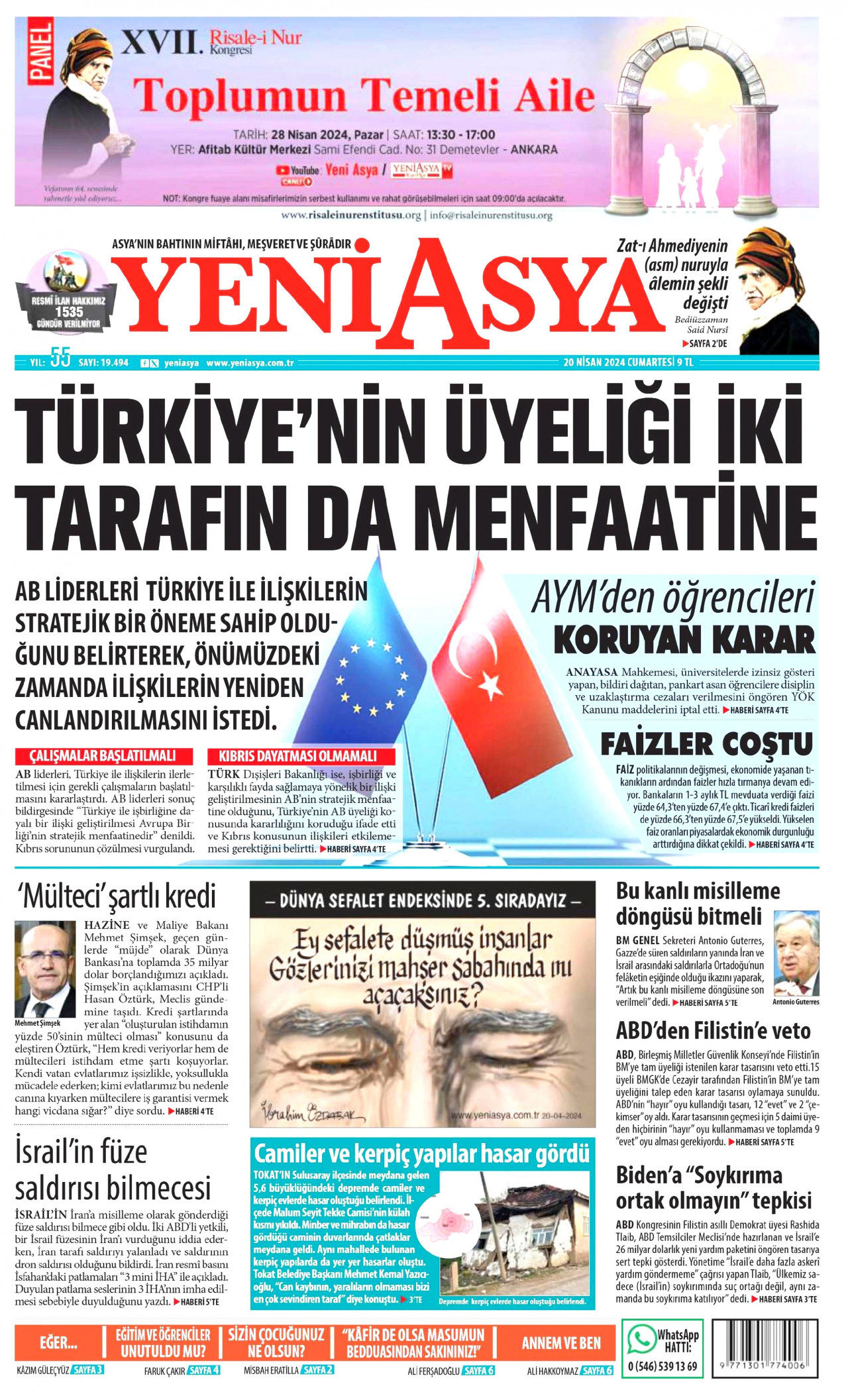 YENİ ASYA gazetesinin 20 Nisan 2024 tarihli birinci sayfası