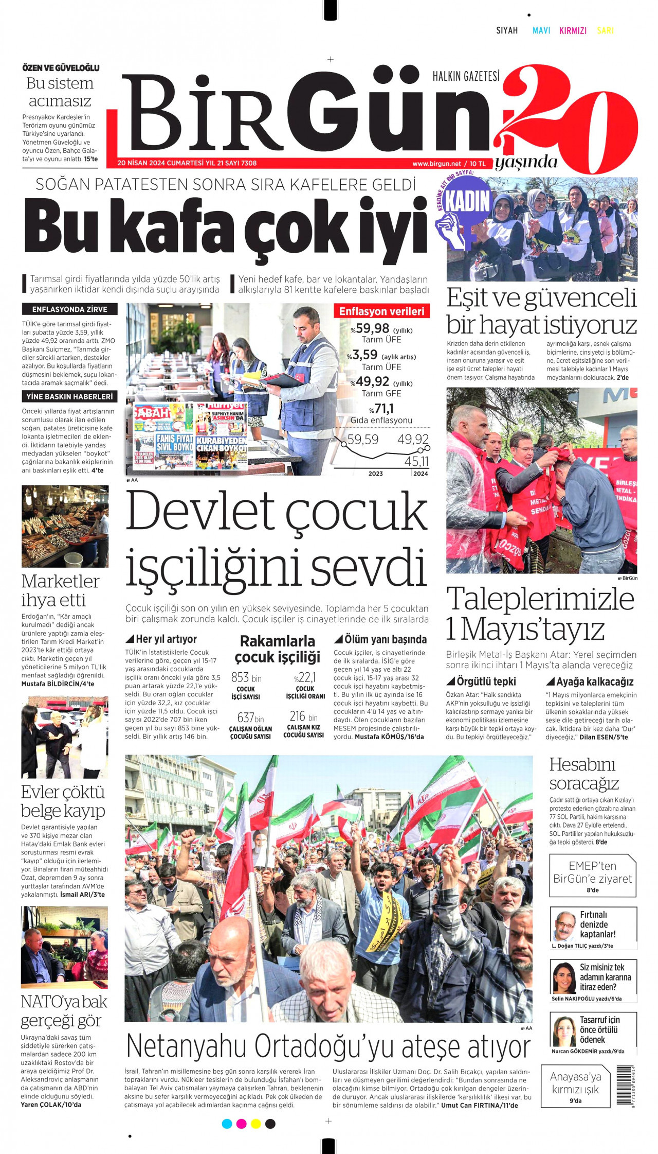 BİRGÜN gazetesinin 20 Nisan 2024 tarihli birinci sayfası