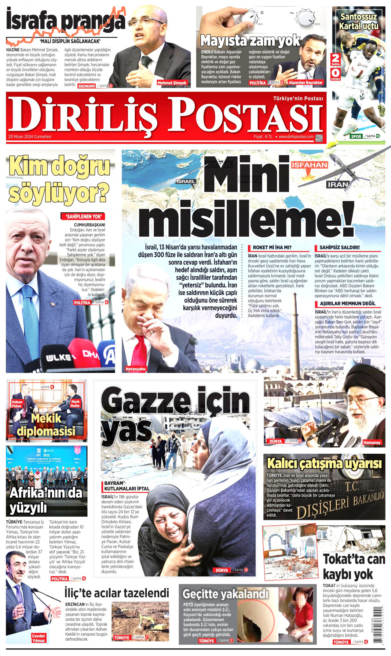DİRİLİŞ POSTASI gazetesinin 20 Nisan 2024 tarihli birinci sayfası