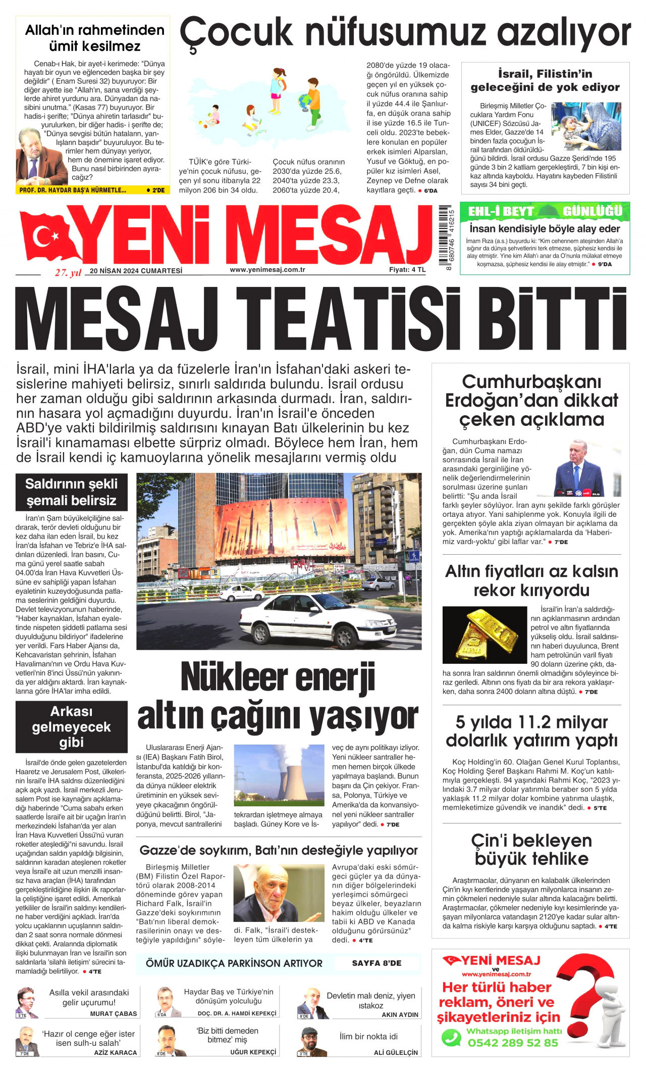 YENİ MESAJ gazetesinin 20 Nisan 2024 tarihli birinci sayfası