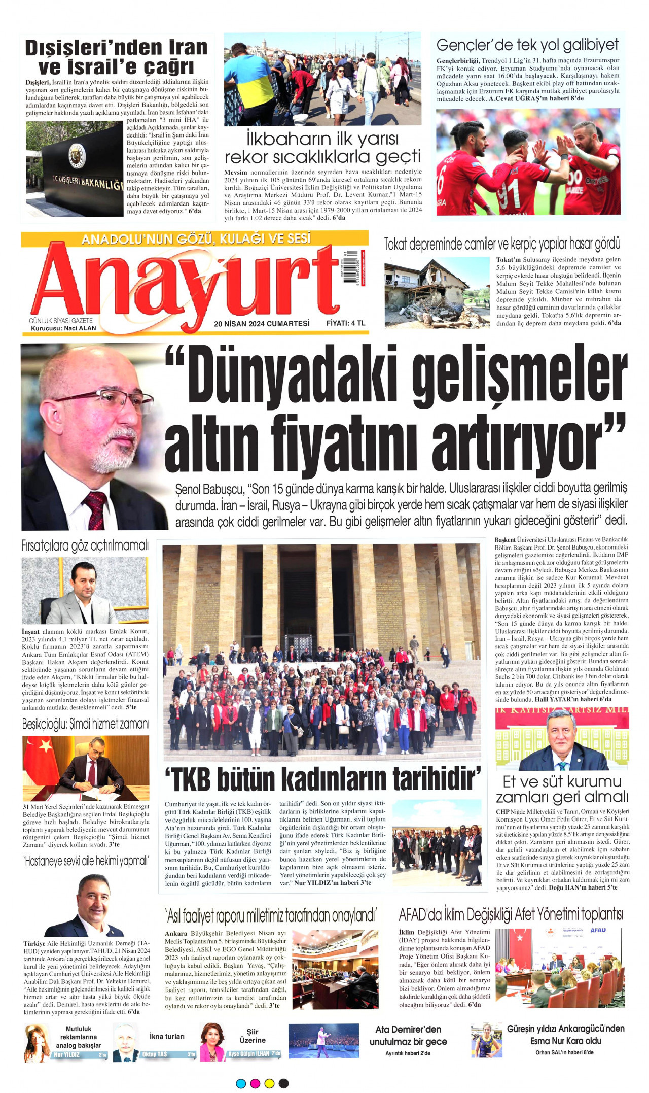 ANAYURT gazetesinin 20 Nisan 2024 tarihli birinci sayfası