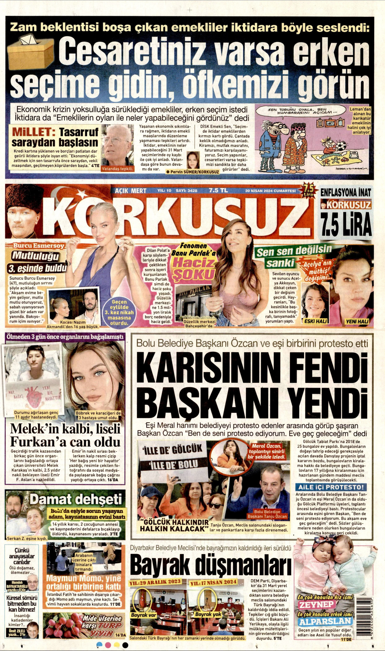 KORKUSUZ gazetesinin 20 Nisan 2024 tarihli birinci sayfası