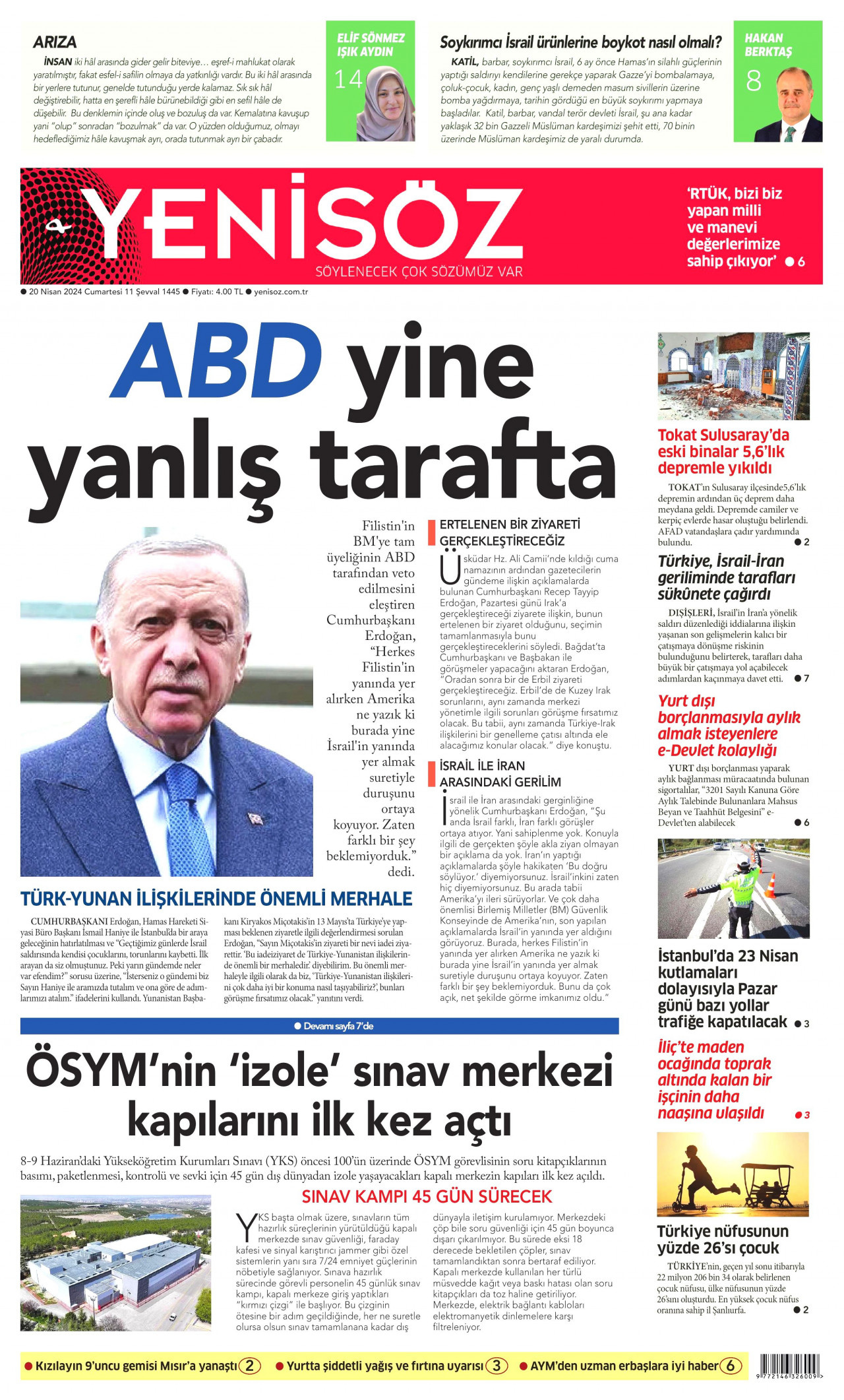 YENİ SÖZ GAZETESİ gazetesinin 20 Nisan 2024 tarihli birinci sayfası