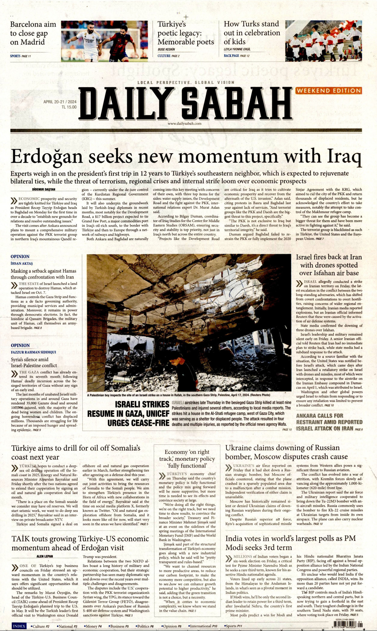DAİLY SABAH gazetesinin 20 Nisan 2024 tarihli birinci sayfası