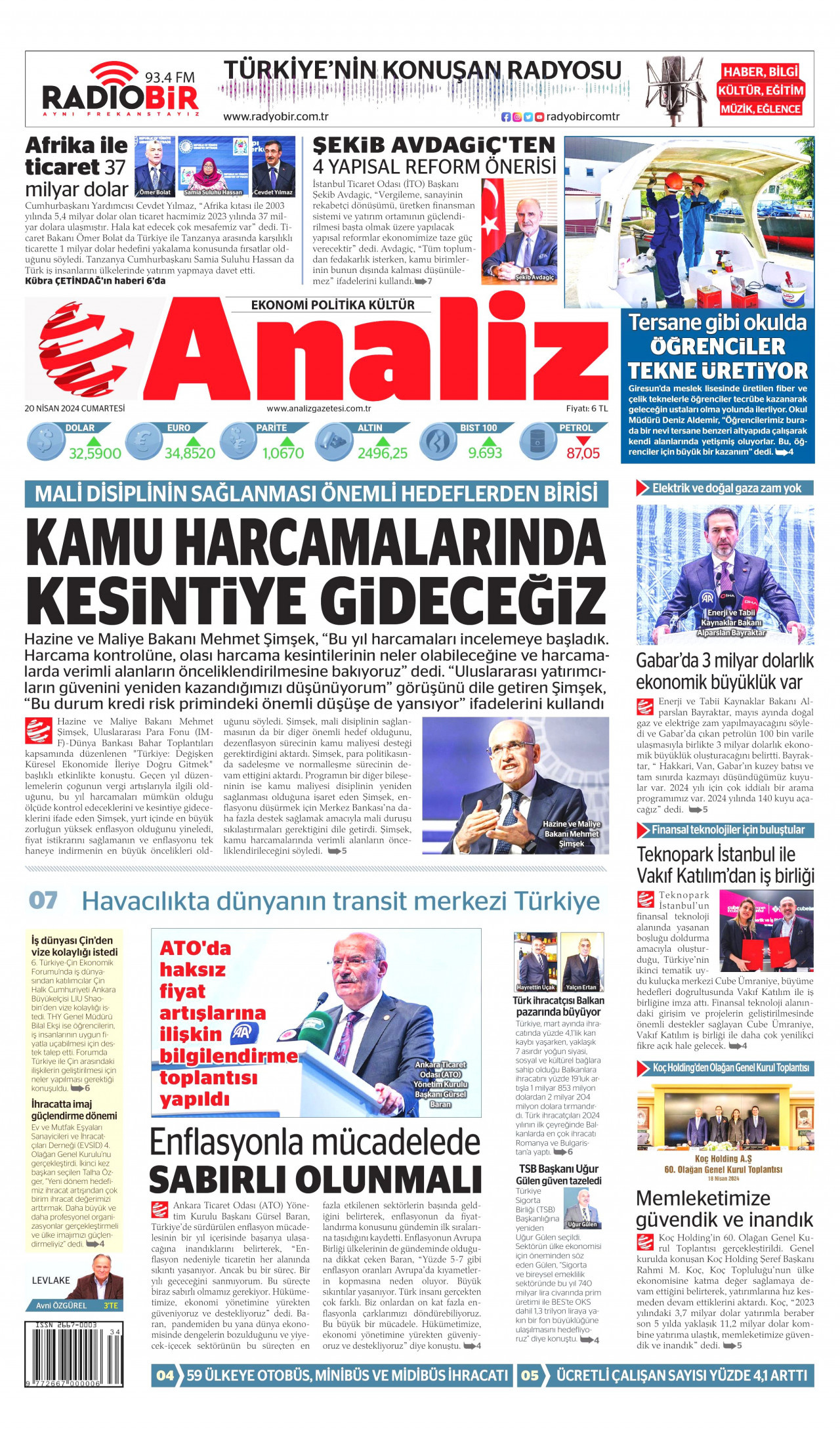 ANALİZ gazetesinin 20 Nisan 2024 tarihli birinci sayfası