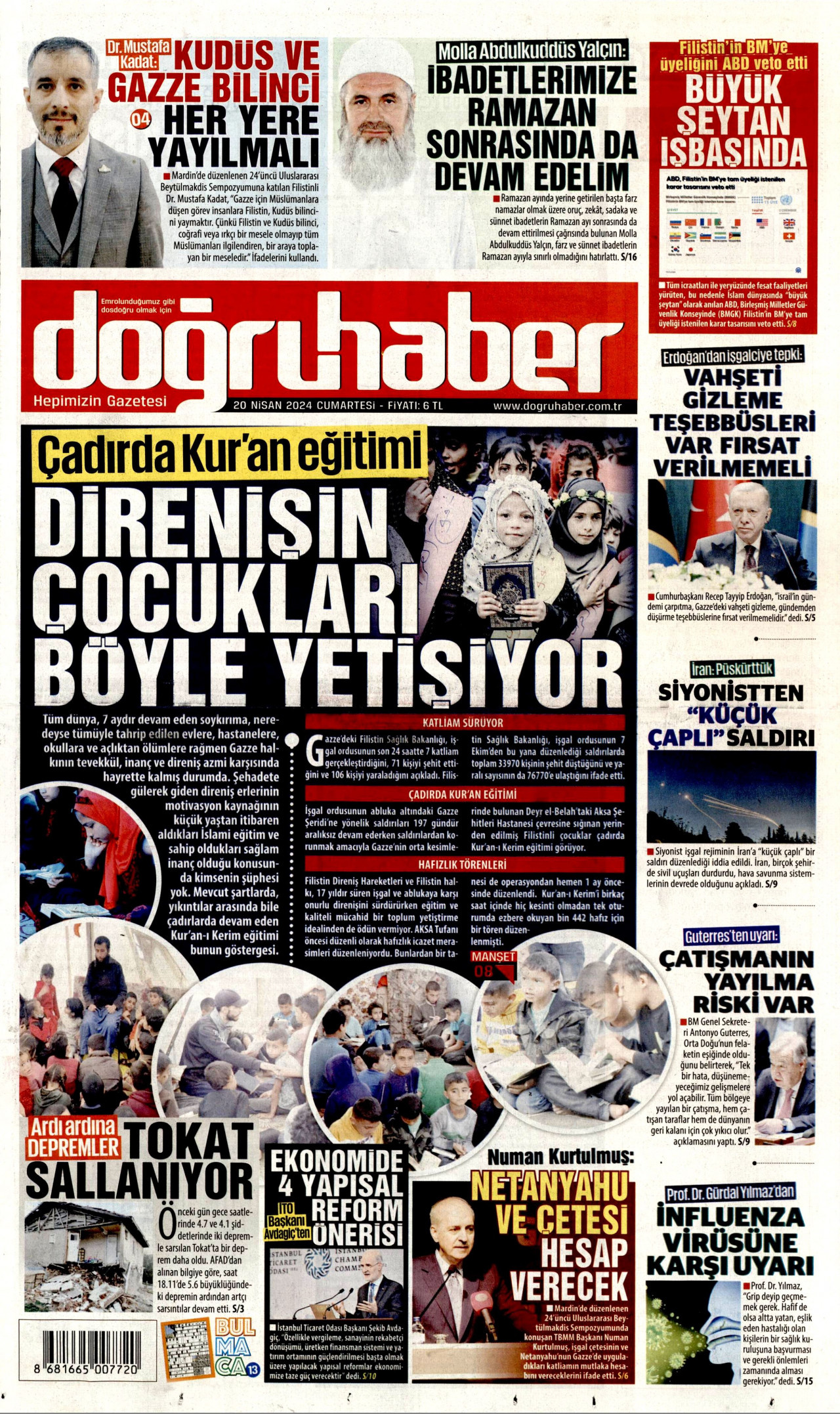 DOĞRU HABER gazetesinin 20 Nisan 2024 tarihli birinci sayfası