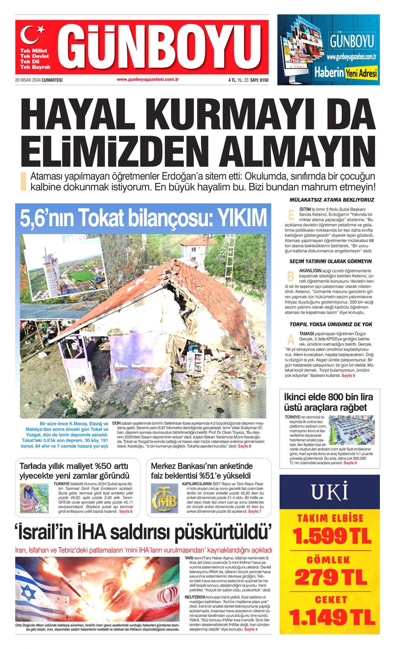 GÜNBOYU gazetesinin 20 Nisan 2024 tarihli birinci sayfası