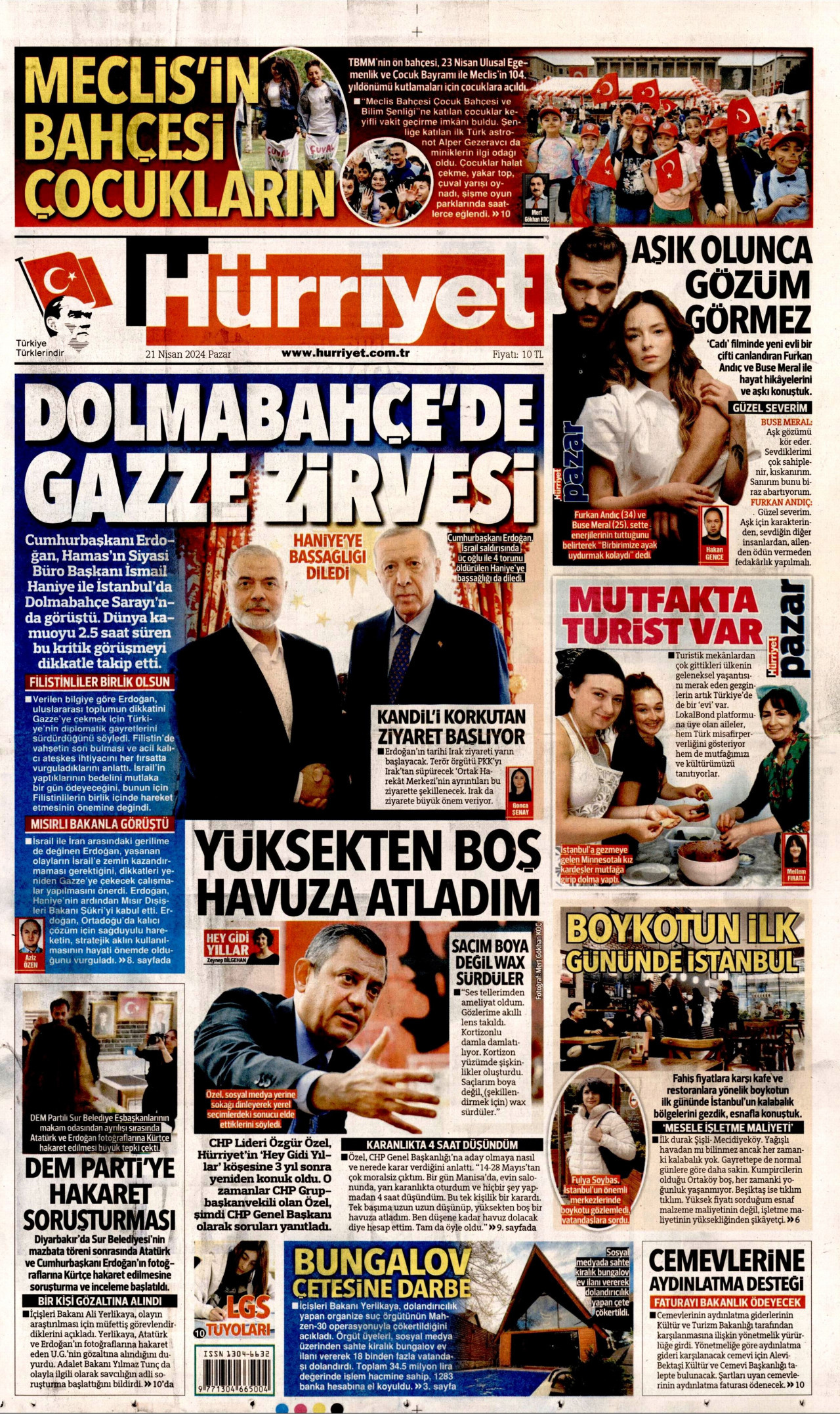 HÜRRİYET gazetesinin 21 Nisan 2024 tarihli birinci sayfası