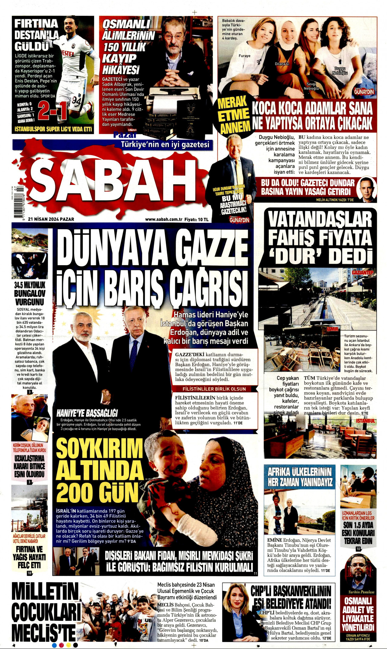 SABAH gazetesinin 21 Nisan 2024 tarihli birinci sayfası