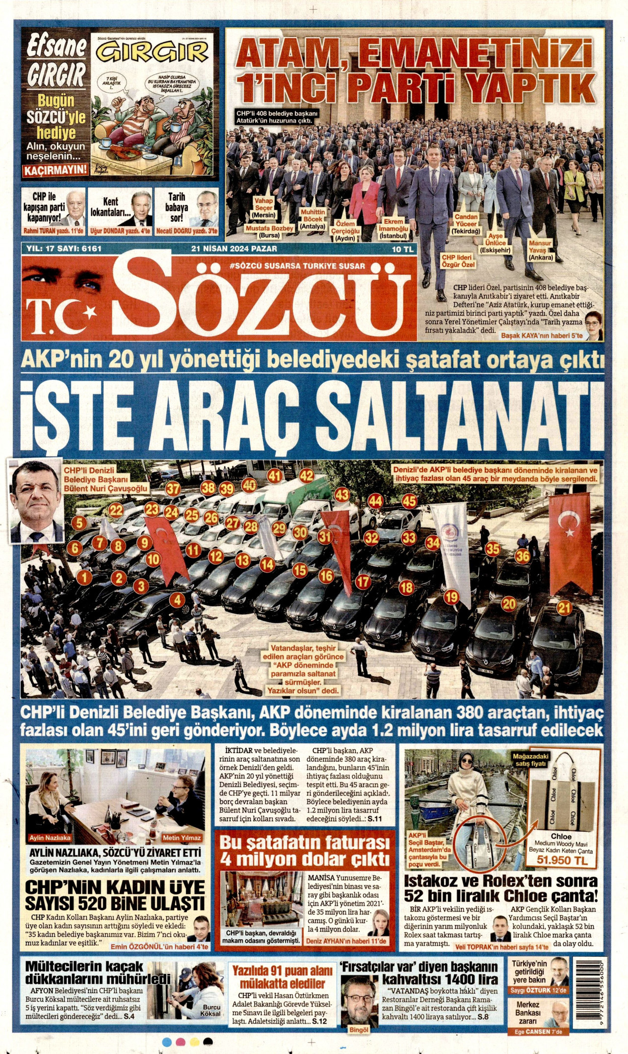 SÖZCÜ gazetesinin 21 Nisan 2024 tarihli birinci sayfası