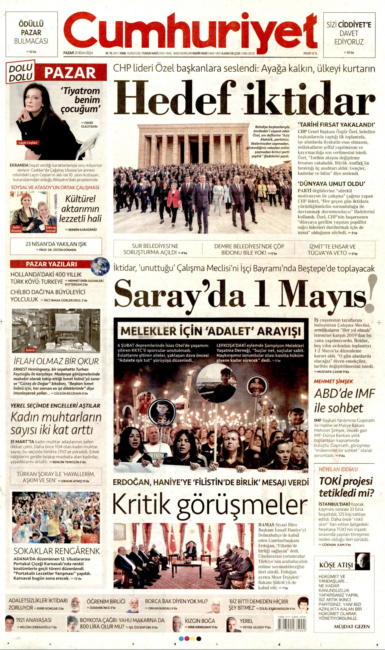 CUMHURİYET gazetesinin 21 Nisan 2024 tarihli birinci sayfası