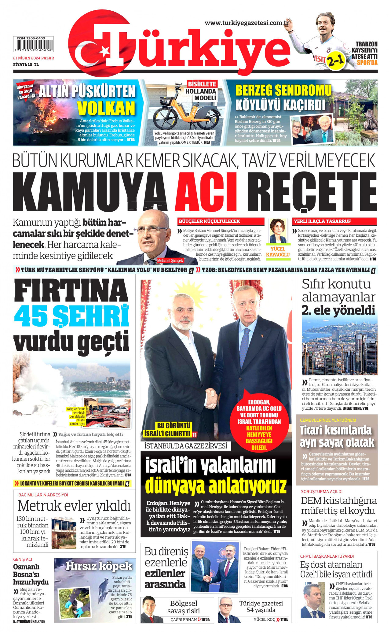 TÜRKİYE GAZETESİ gazetesinin 21 Nisan 2024 tarihli birinci sayfası