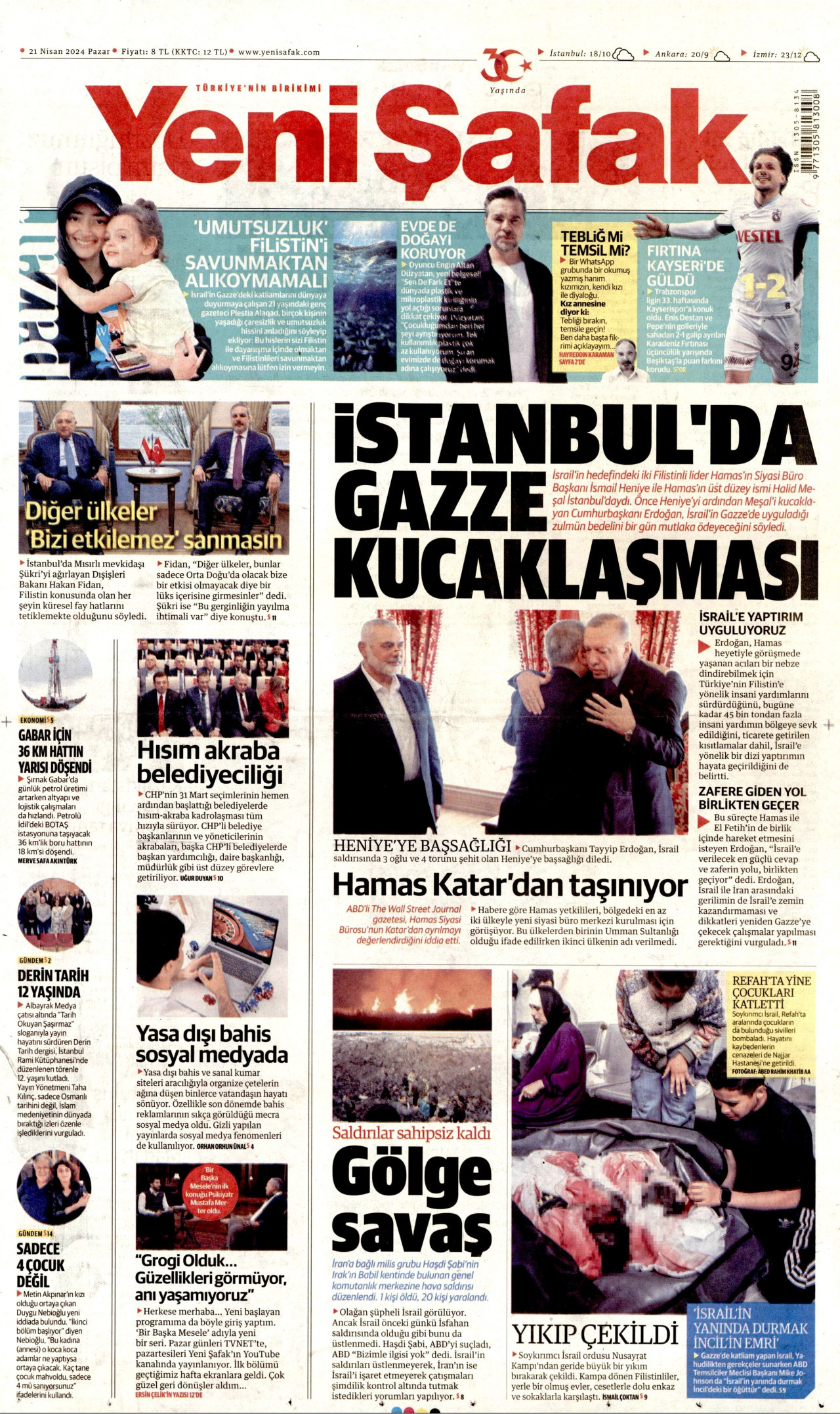 YENİ ŞAFAK gazetesinin 21 Nisan 2024 tarihli birinci sayfası