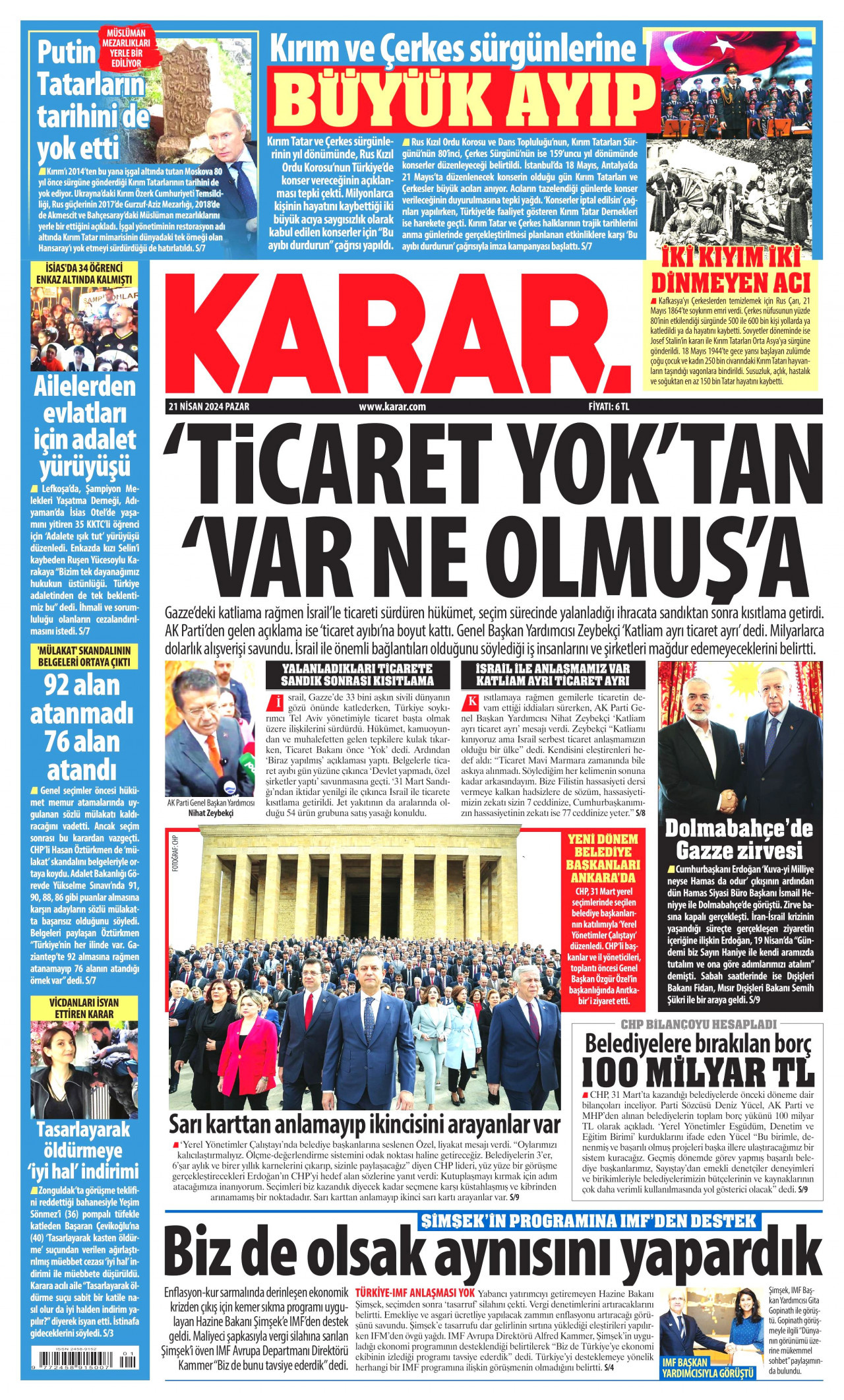 KARAR gazetesinin 21 Nisan 2024 tarihli birinci sayfası