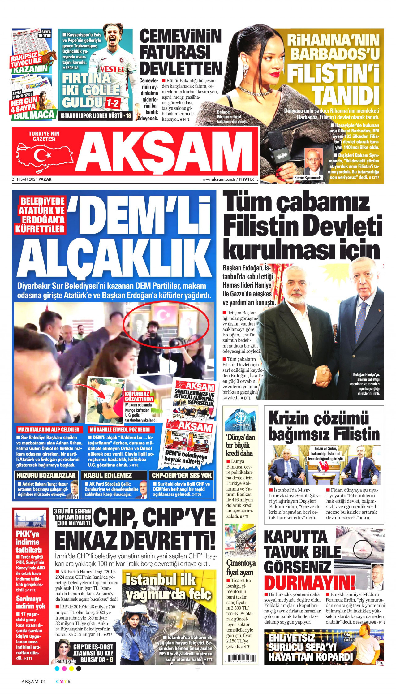 AKŞAM gazetesinin 21 Nisan 2024 tarihli birinci sayfası