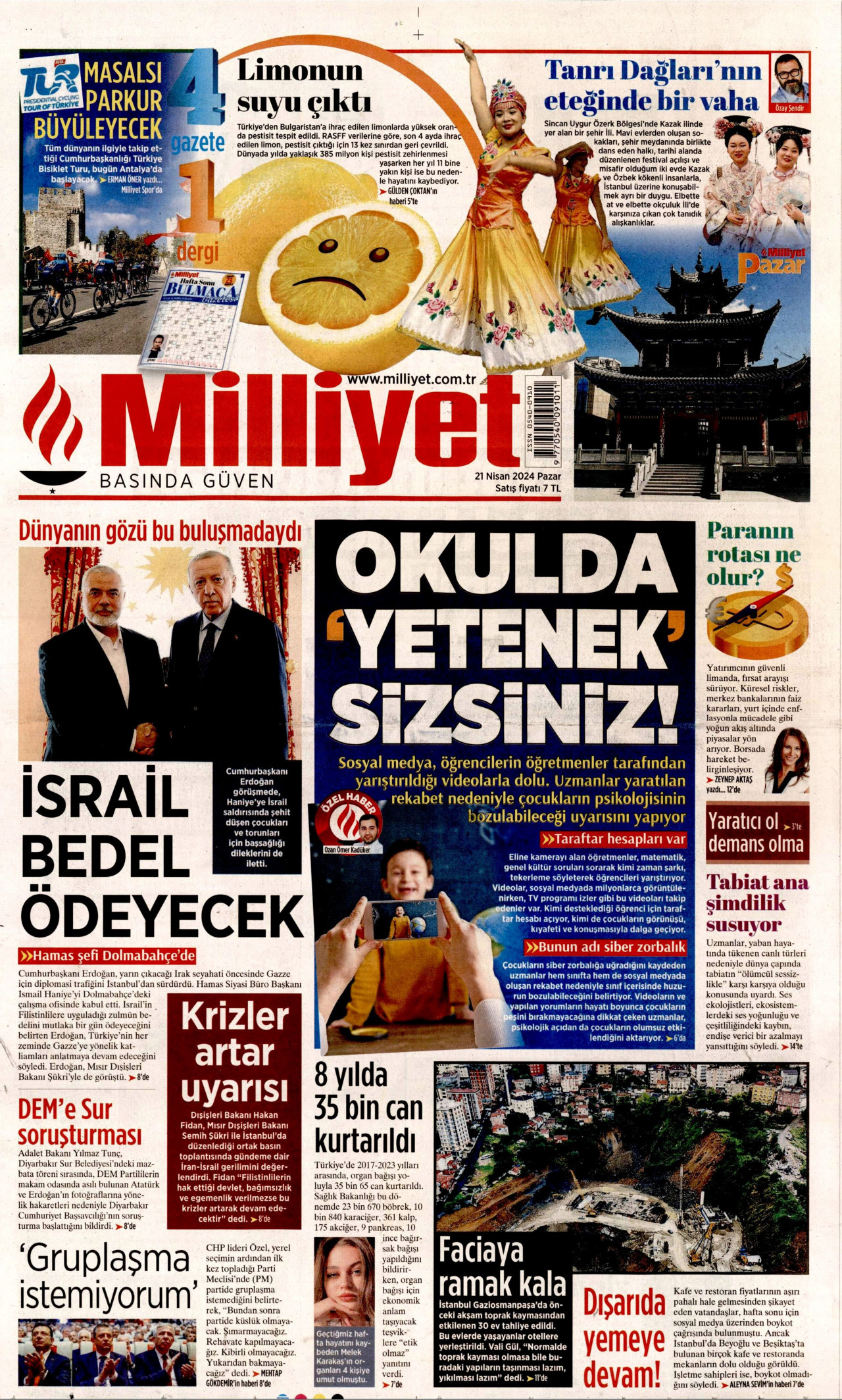 MİLLİYET gazetesinin 21 Nisan 2024 tarihli birinci sayfası