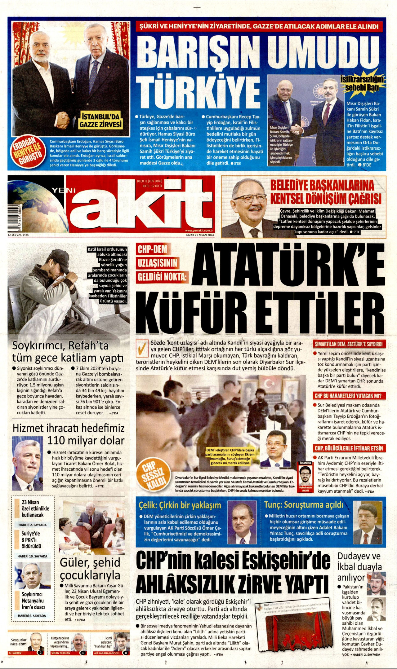 YENİ AKİT gazetesinin 21 Nisan 2024 tarihli birinci sayfası
