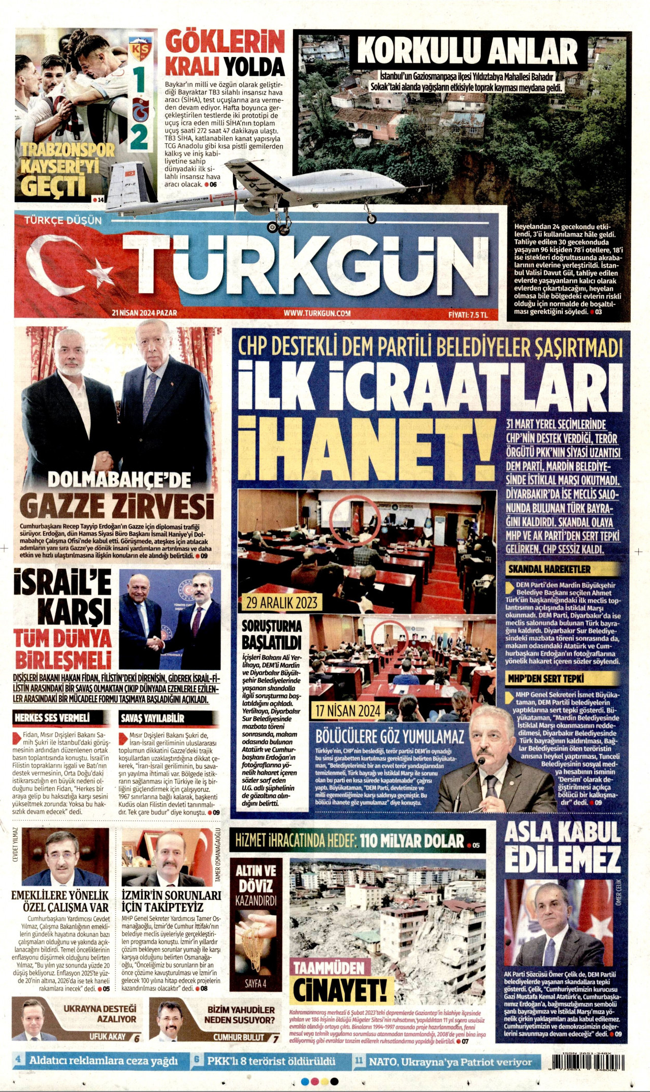 TÜRKGÜN gazetesinin 21 Nisan 2024 tarihli birinci sayfası