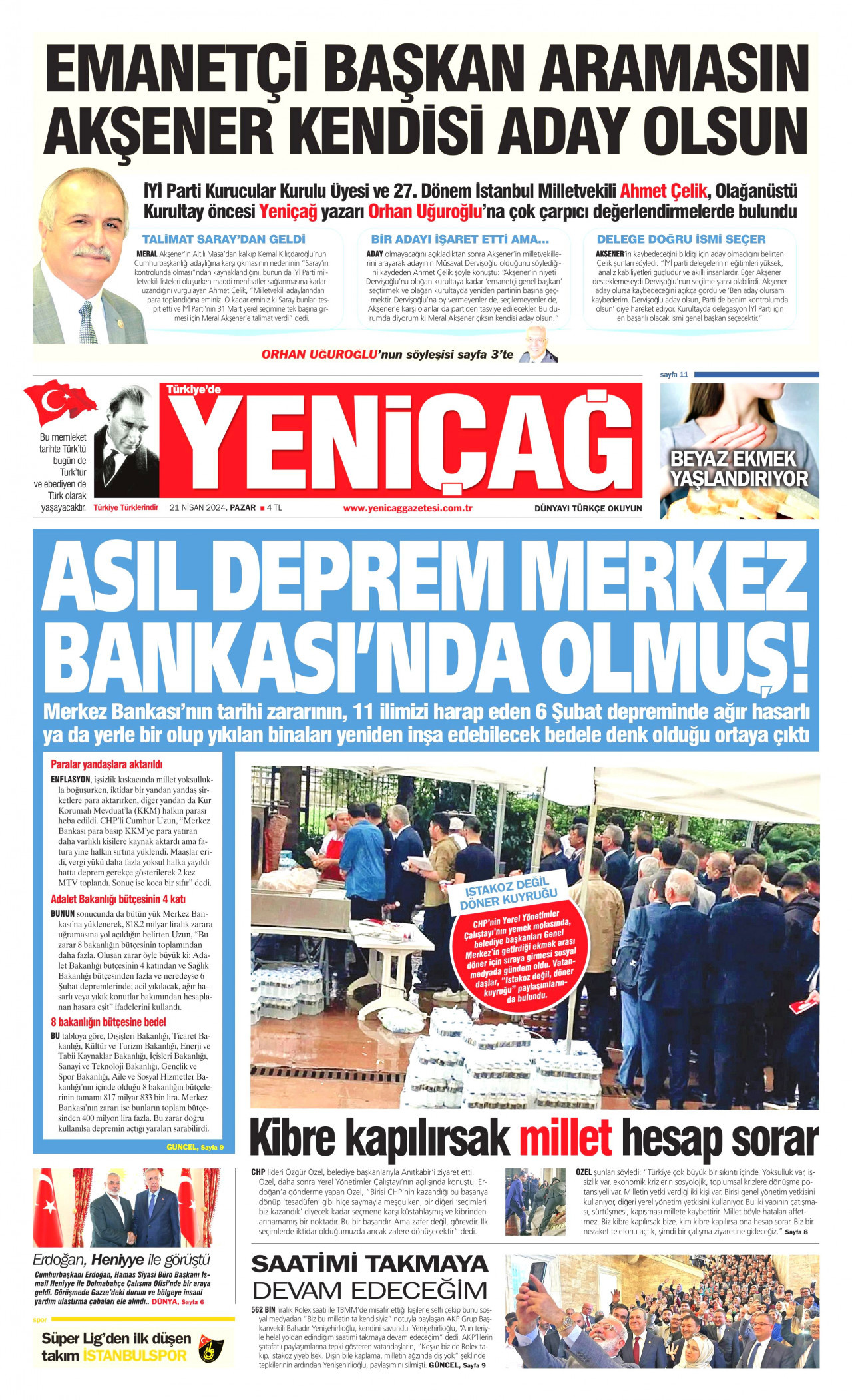 YENİÇAĞ gazetesinin 21 Nisan 2024 tarihli birinci sayfası