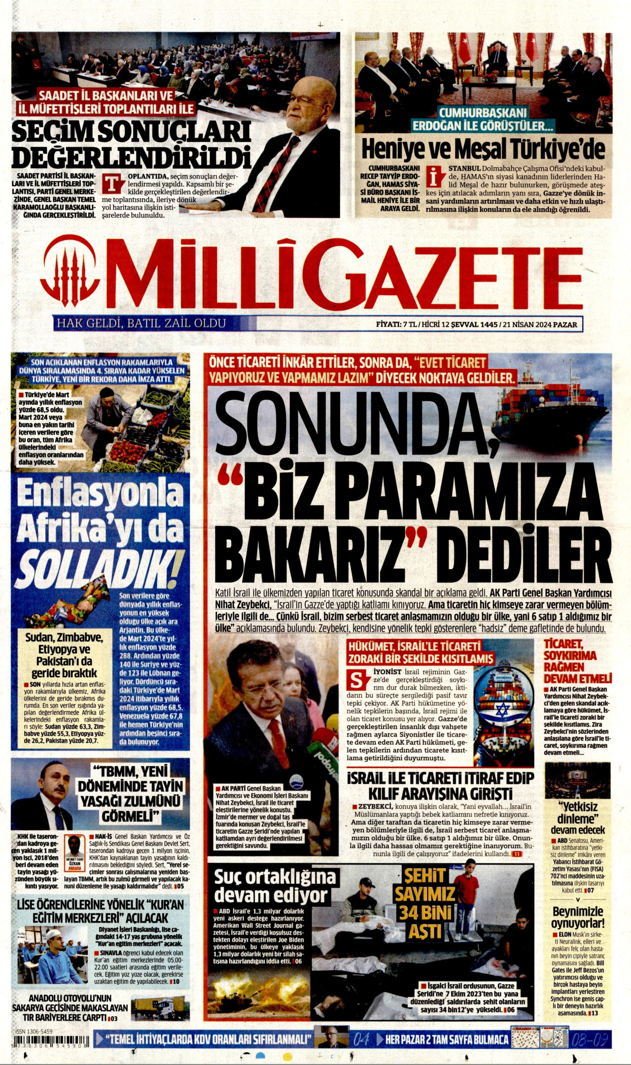 MİLLİ GAZETE gazetesinin 21 Nisan 2024 tarihli birinci sayfası
