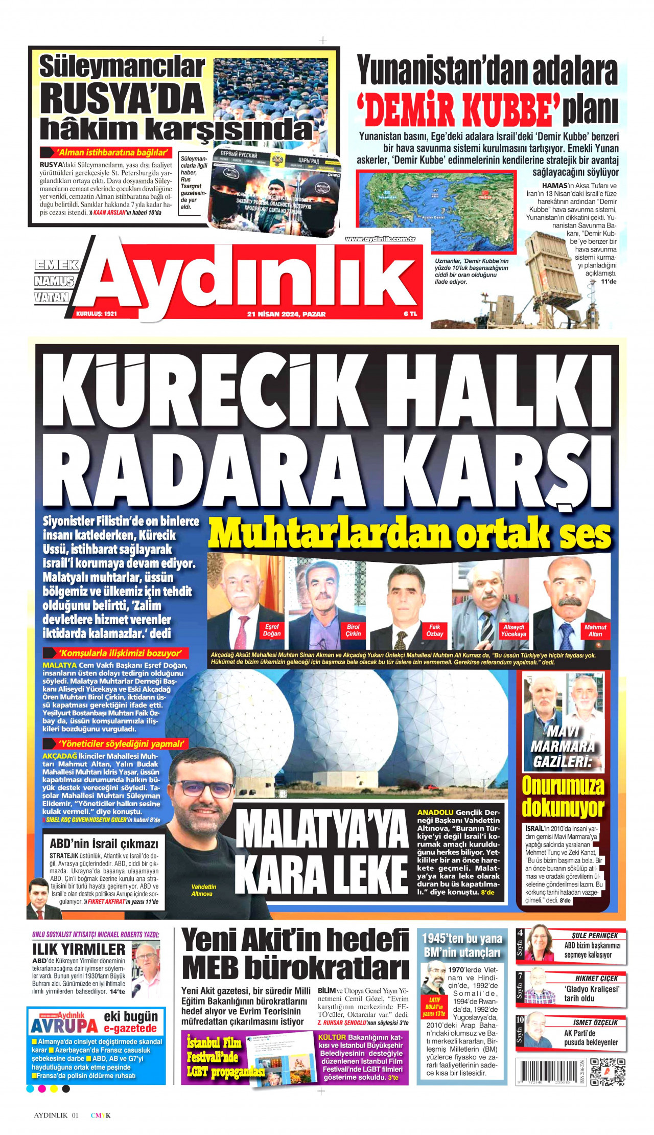 AYDINLIK GAZETESİ gazetesinin 21 Nisan 2024 tarihli birinci sayfası