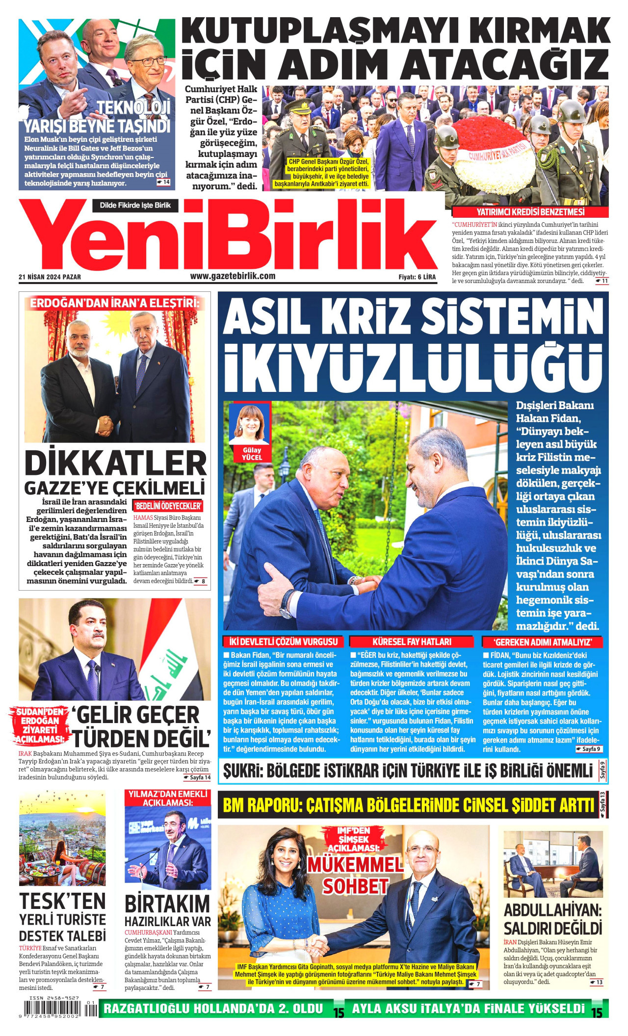 YENİBİRLİK gazetesinin 21 Nisan 2024 tarihli birinci sayfası