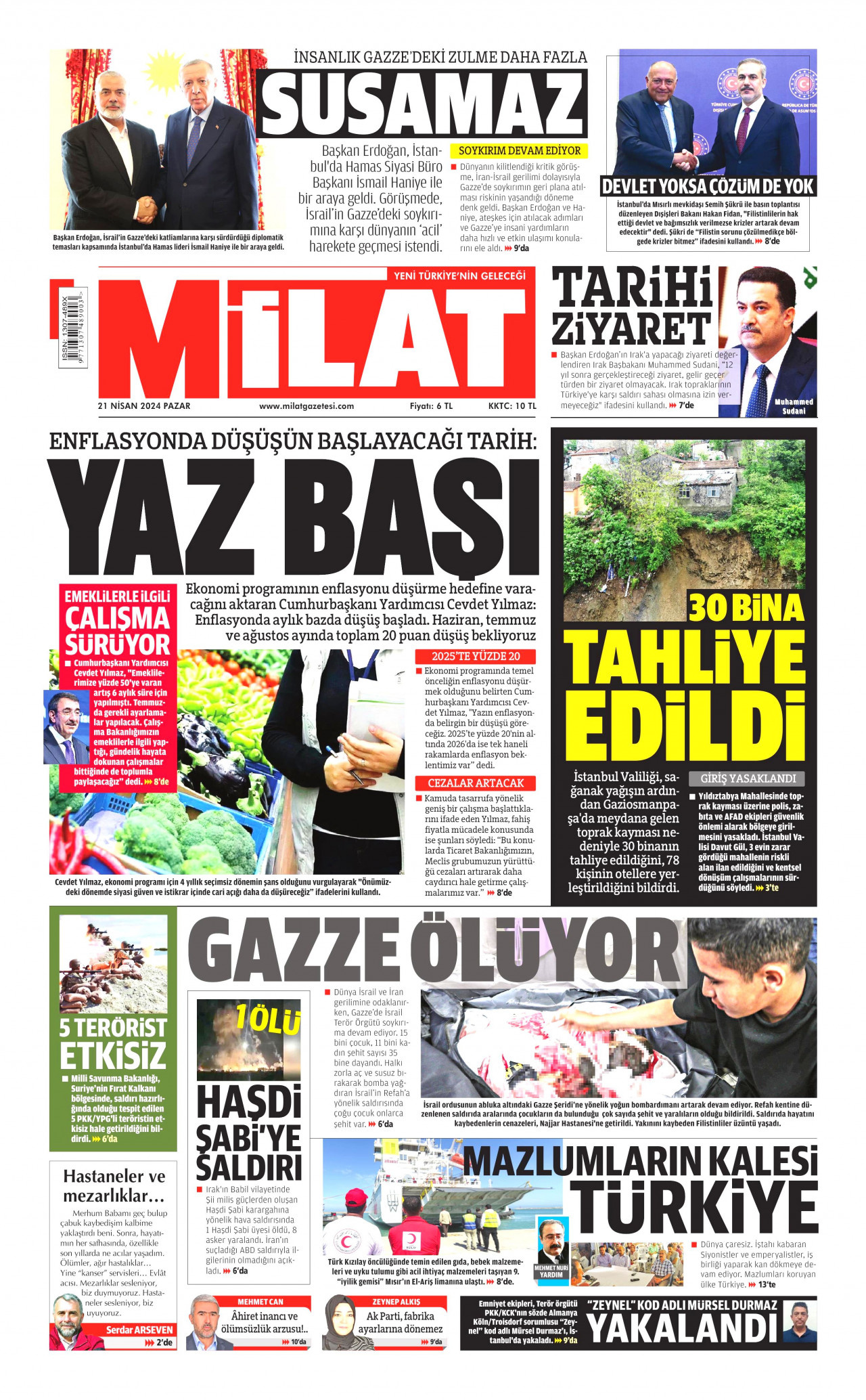 MİLAT gazetesinin 21 Nisan 2024 tarihli birinci sayfası