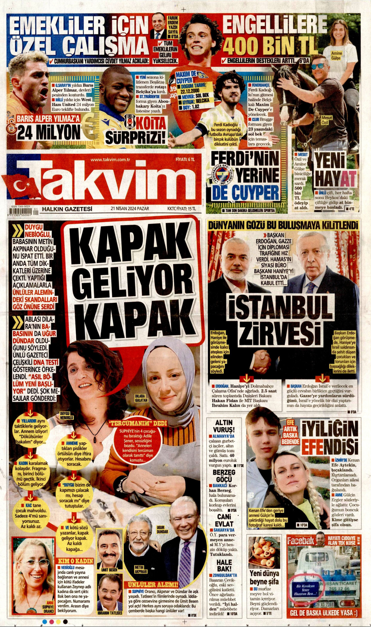 TAKVİM gazetesinin 21 Nisan 2024 tarihli birinci sayfası