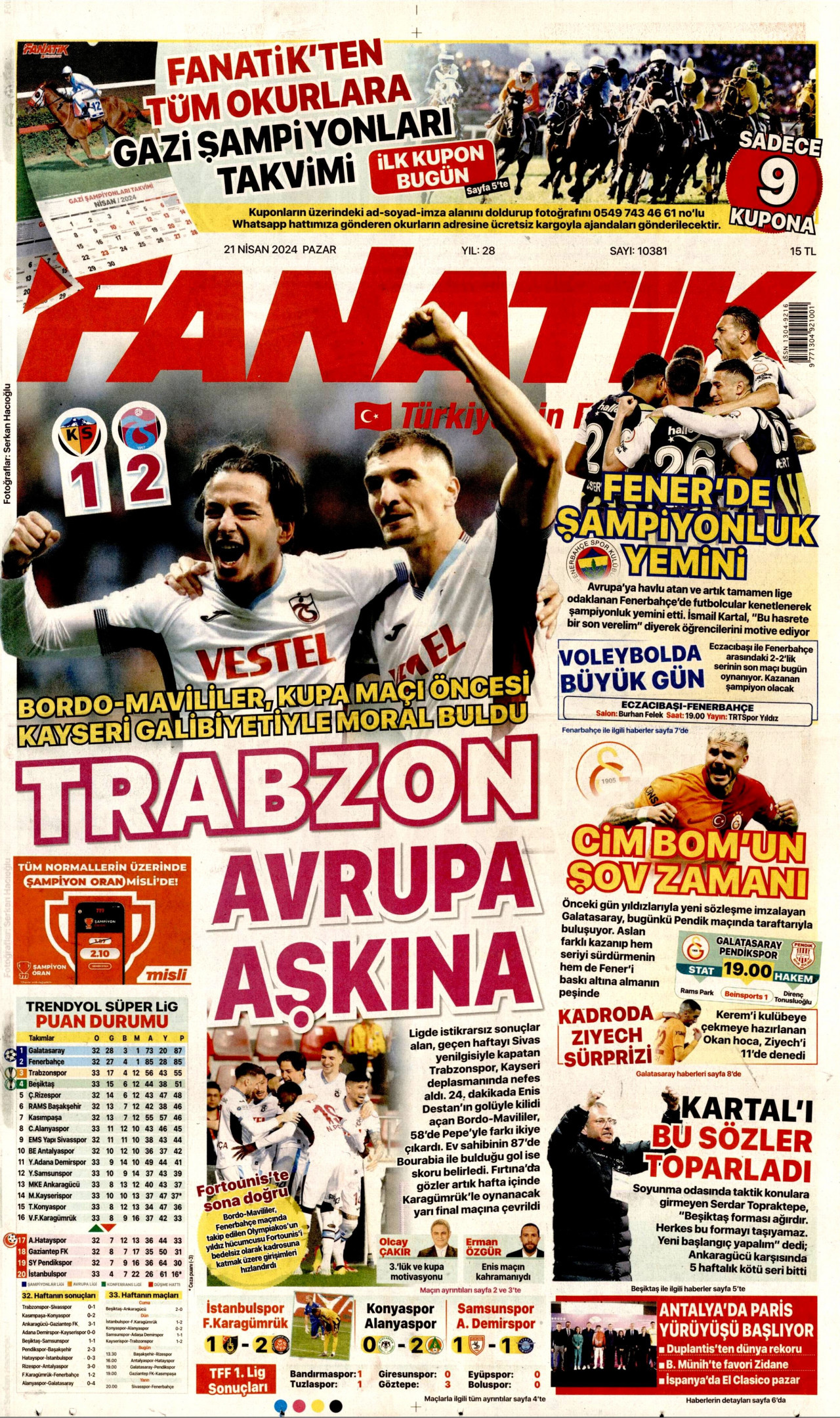 FANATİK gazetesinin 21 Nisan 2024 tarihli birinci sayfası