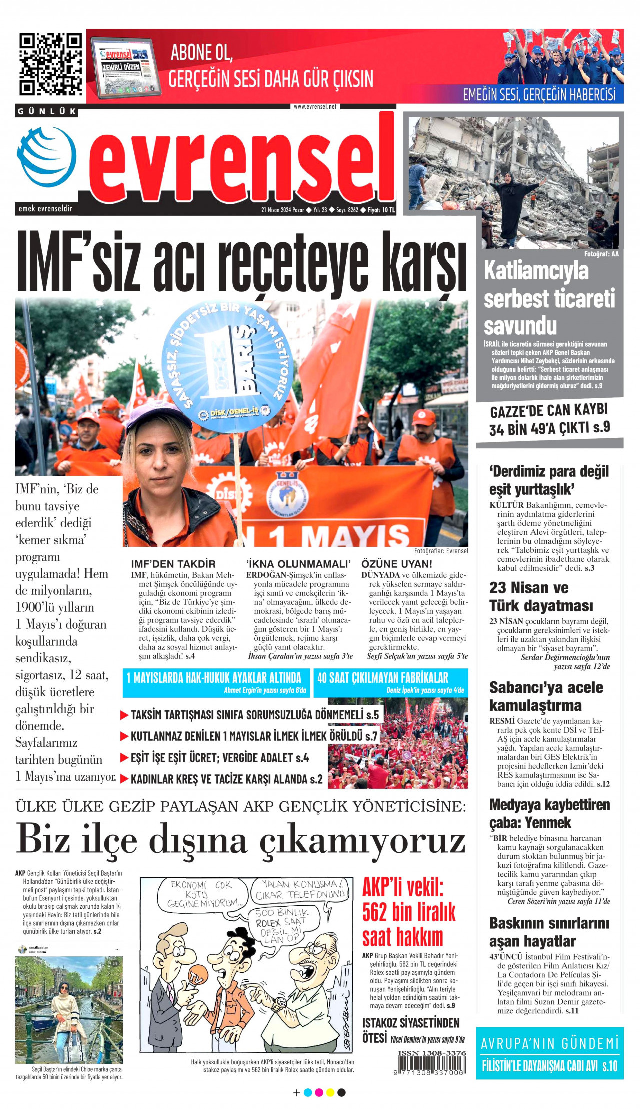EVRENSEL gazetesinin 21 Nisan 2024 tarihli birinci sayfası