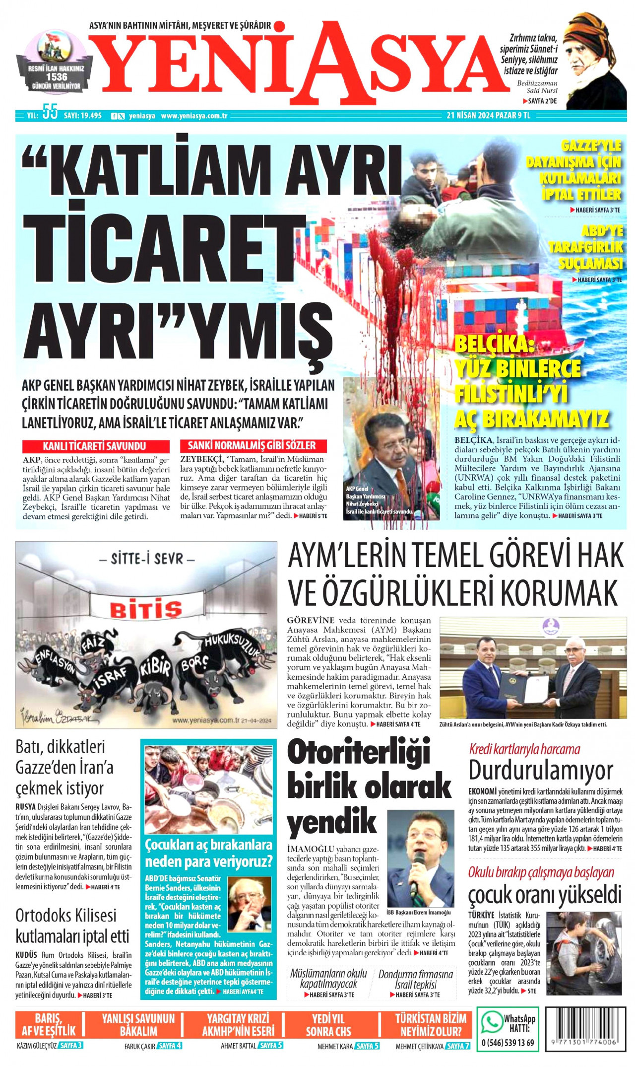 YENİ ASYA gazetesinin 21 Nisan 2024 tarihli birinci sayfası