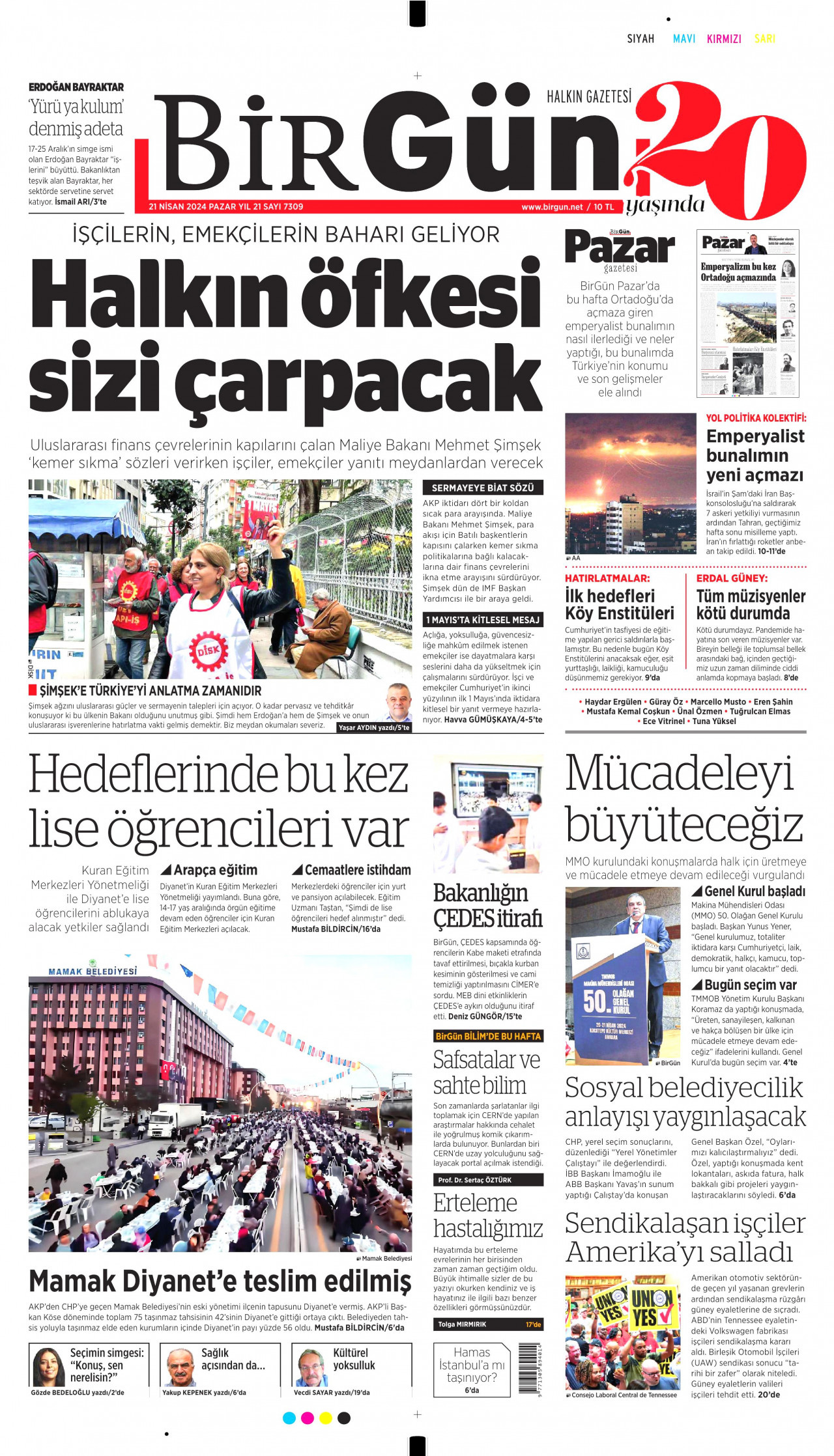 BİRGÜN gazetesinin 21 Nisan 2024 tarihli birinci sayfası