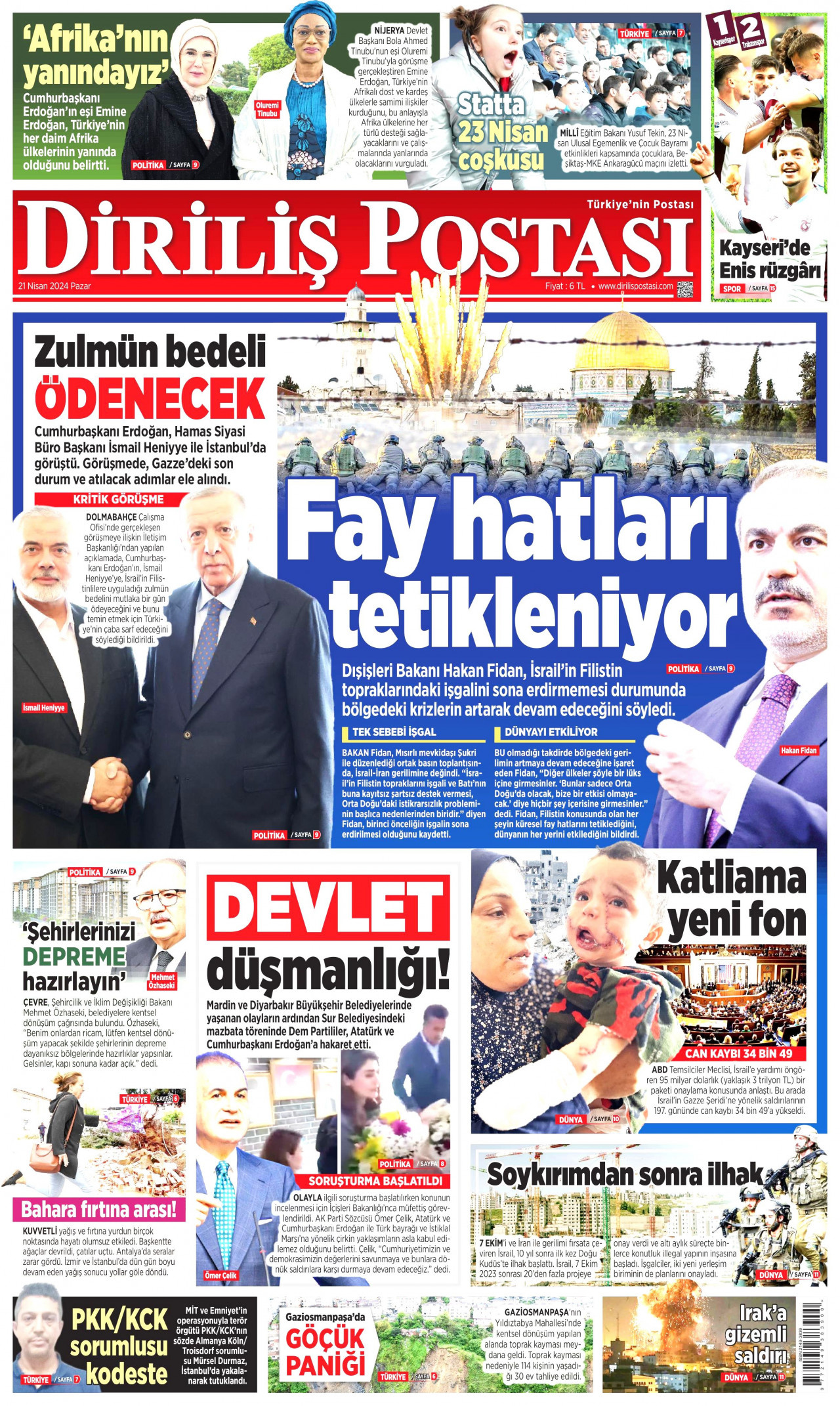 DİRİLİŞ POSTASI gazetesinin 21 Nisan 2024 tarihli birinci sayfası