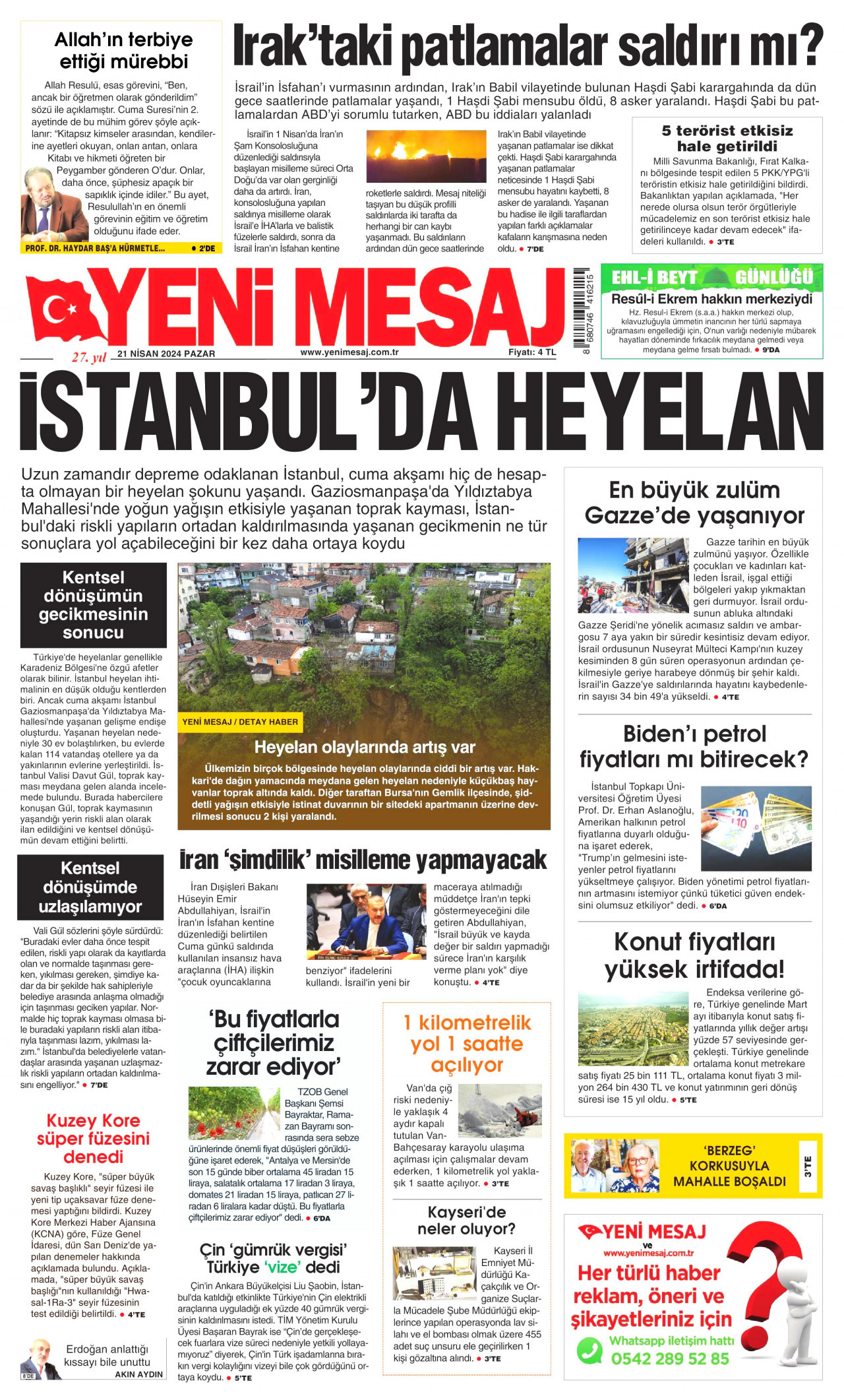 YENİ MESAJ gazetesinin 21 Nisan 2024 tarihli birinci sayfası