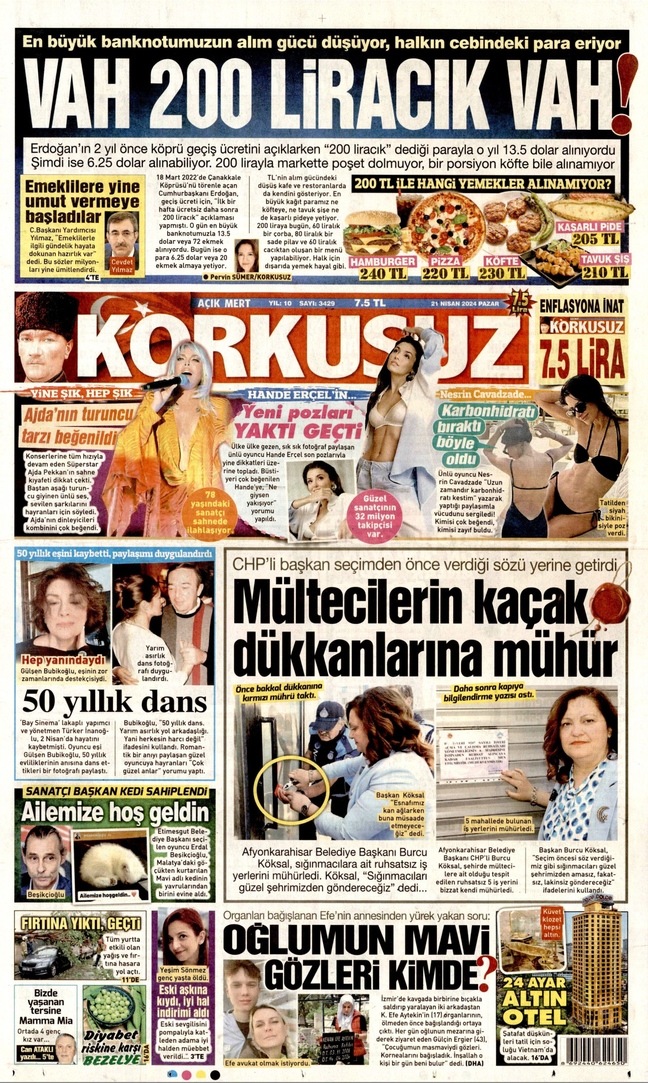 KORKUSUZ gazetesinin 21 Nisan 2024 tarihli birinci sayfası